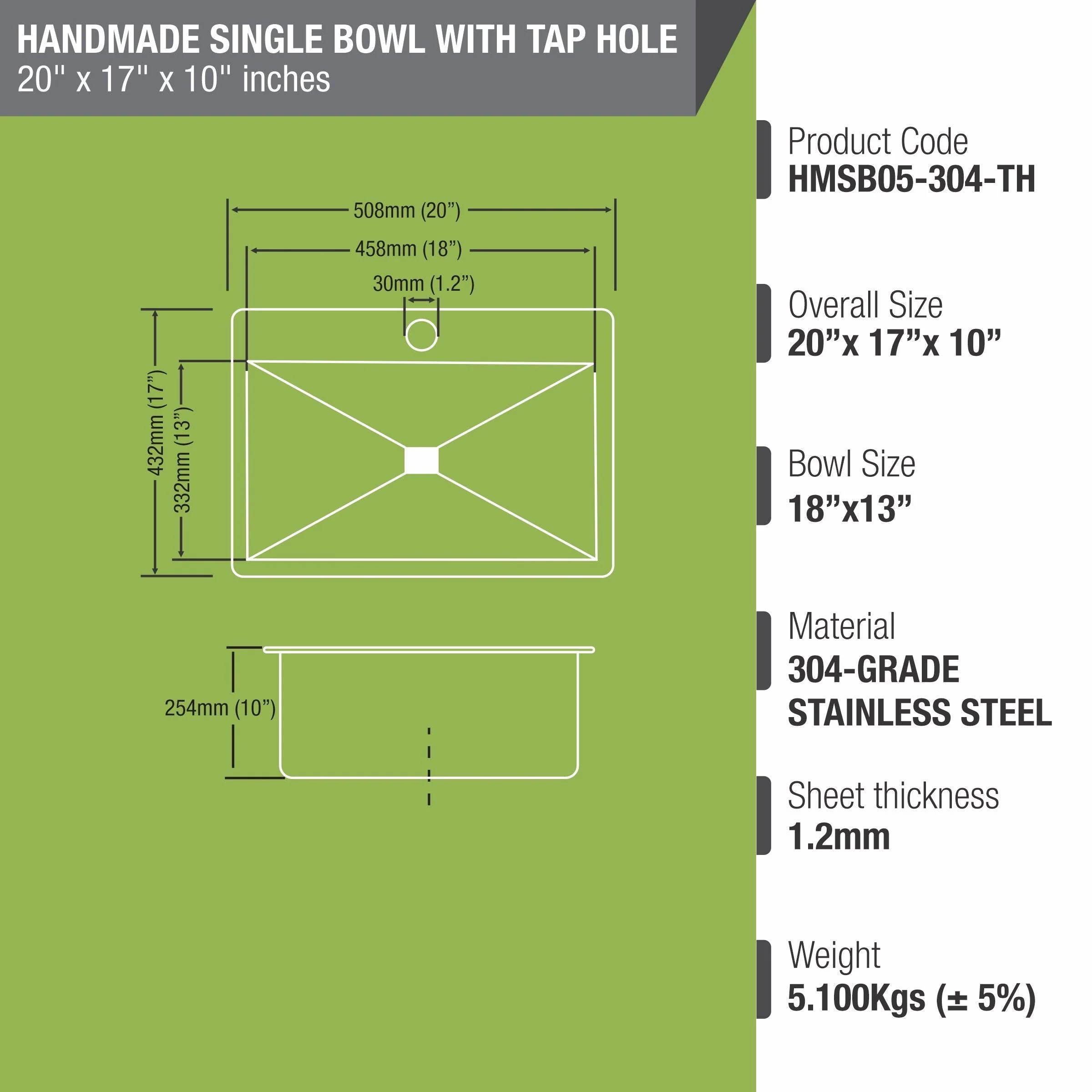 Handmade Single Bowl 304-Grade Kitchen Sink with Tap Hole (20 x 17 x 10 Inches) - LIPKA - Image 3
