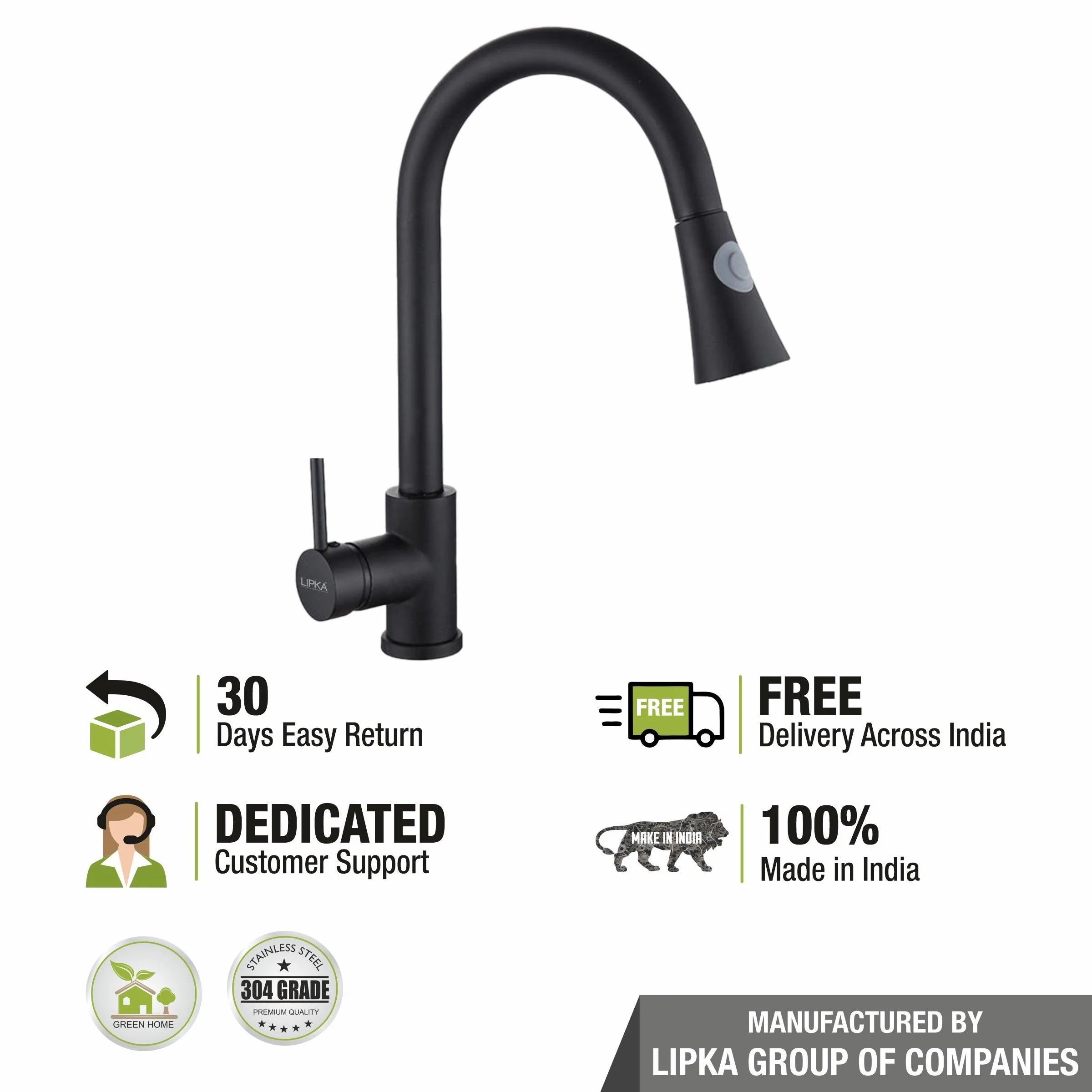 Kyron Single Lever 304-Grade Pull-out Mixer Faucet with Swivel Spout & Dual Flow (Black) - LIPKA - Image 8
