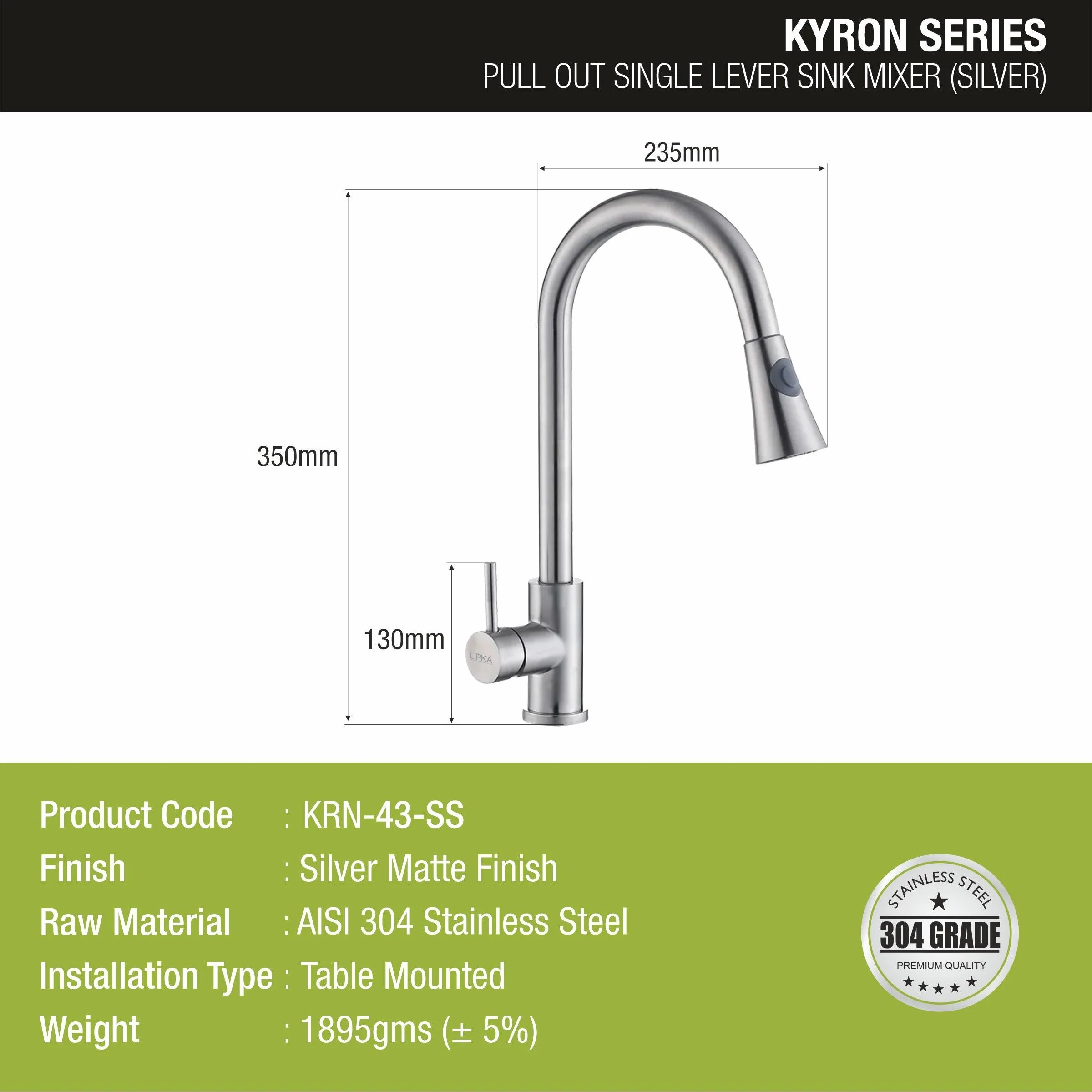 Kyron Single Lever 304-Grade Pull-out Mixer Faucet with Swivel Spout & Dual Flow (Silver) - LIPKA - Image 3