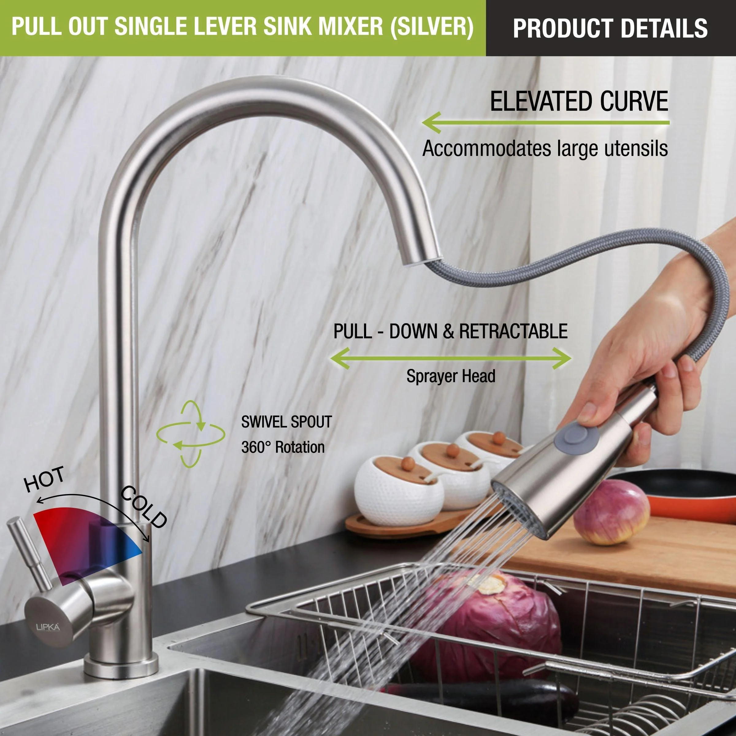 Kyron Single Lever 304-Grade Pull-out Mixer Faucet with Swivel Spout & Dual Flow (Silver) - LIPKA - Image 7