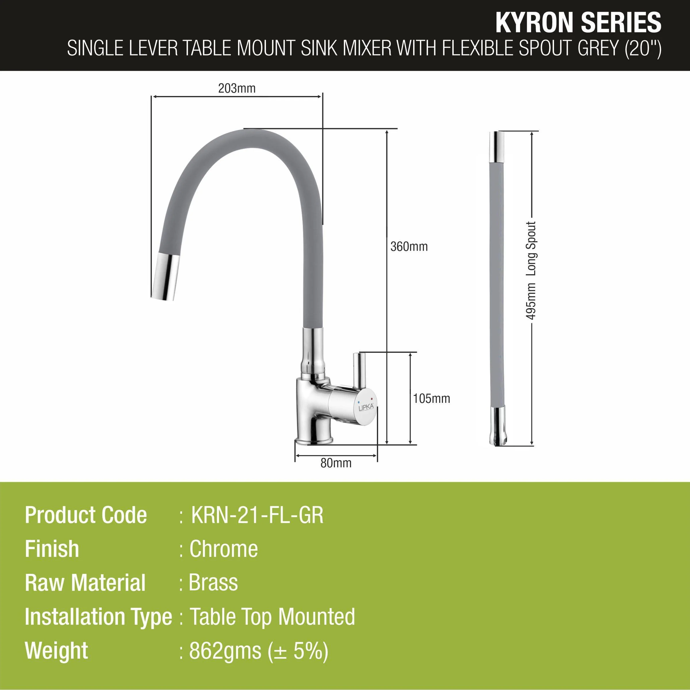 Kyron Single Lever Table Mount Sink Mixer Brass Faucet with Flexible Silicone Spout (Grey) - LIPKA - Image 2