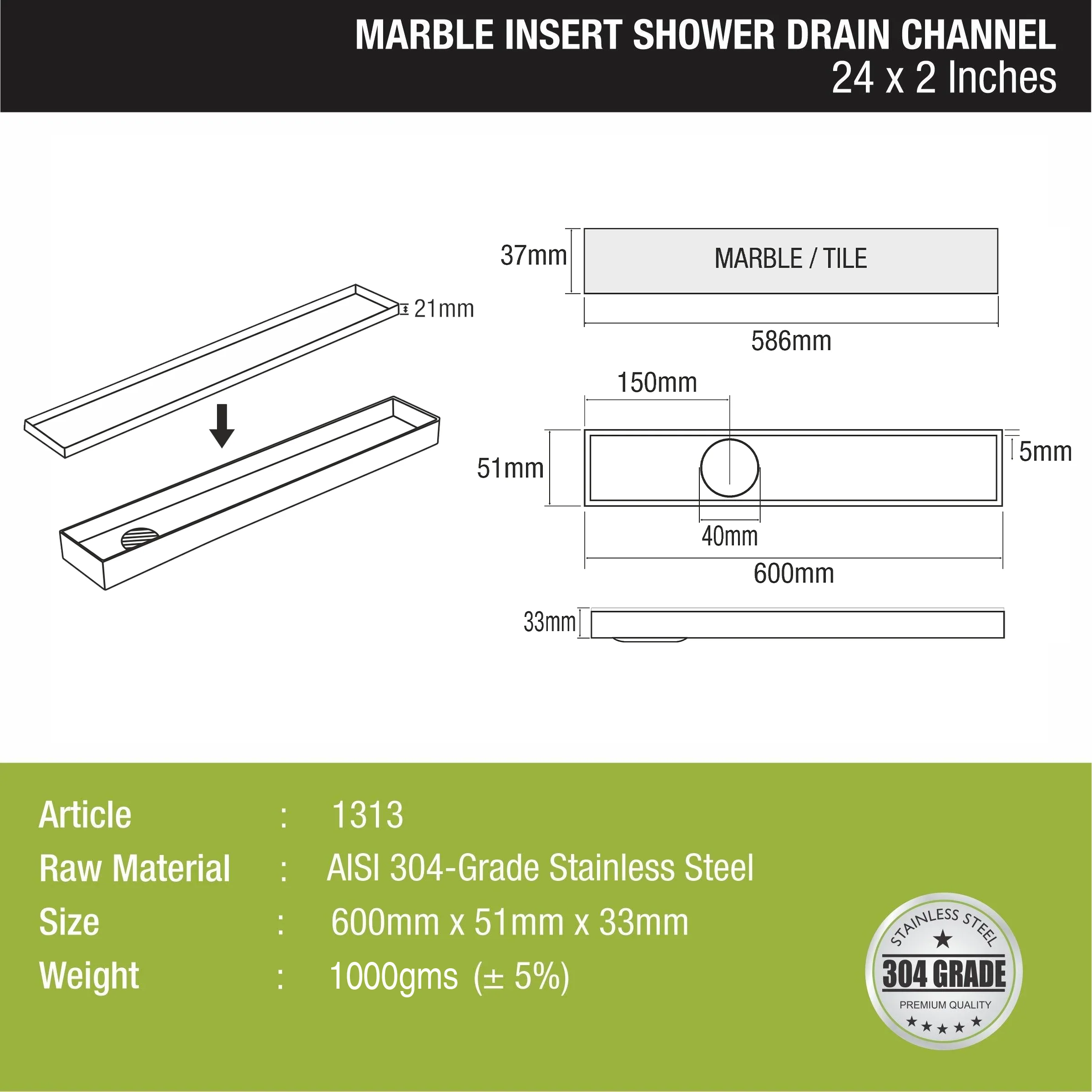 Marble Insert Shower Drain Channel (24 x 2 Inches) - LIPKA - Image 2