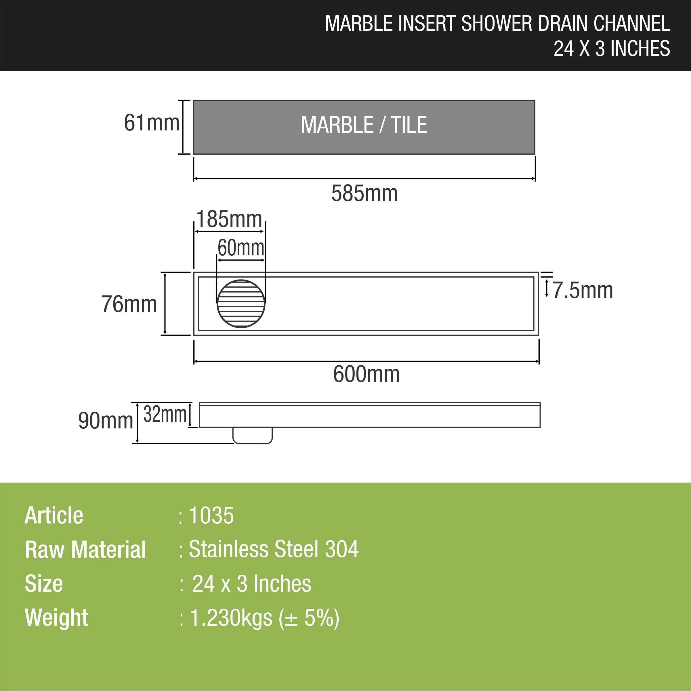 Marble Insert Shower Drain Channel (24 x 3 Inches) - LIPKA - Image 2