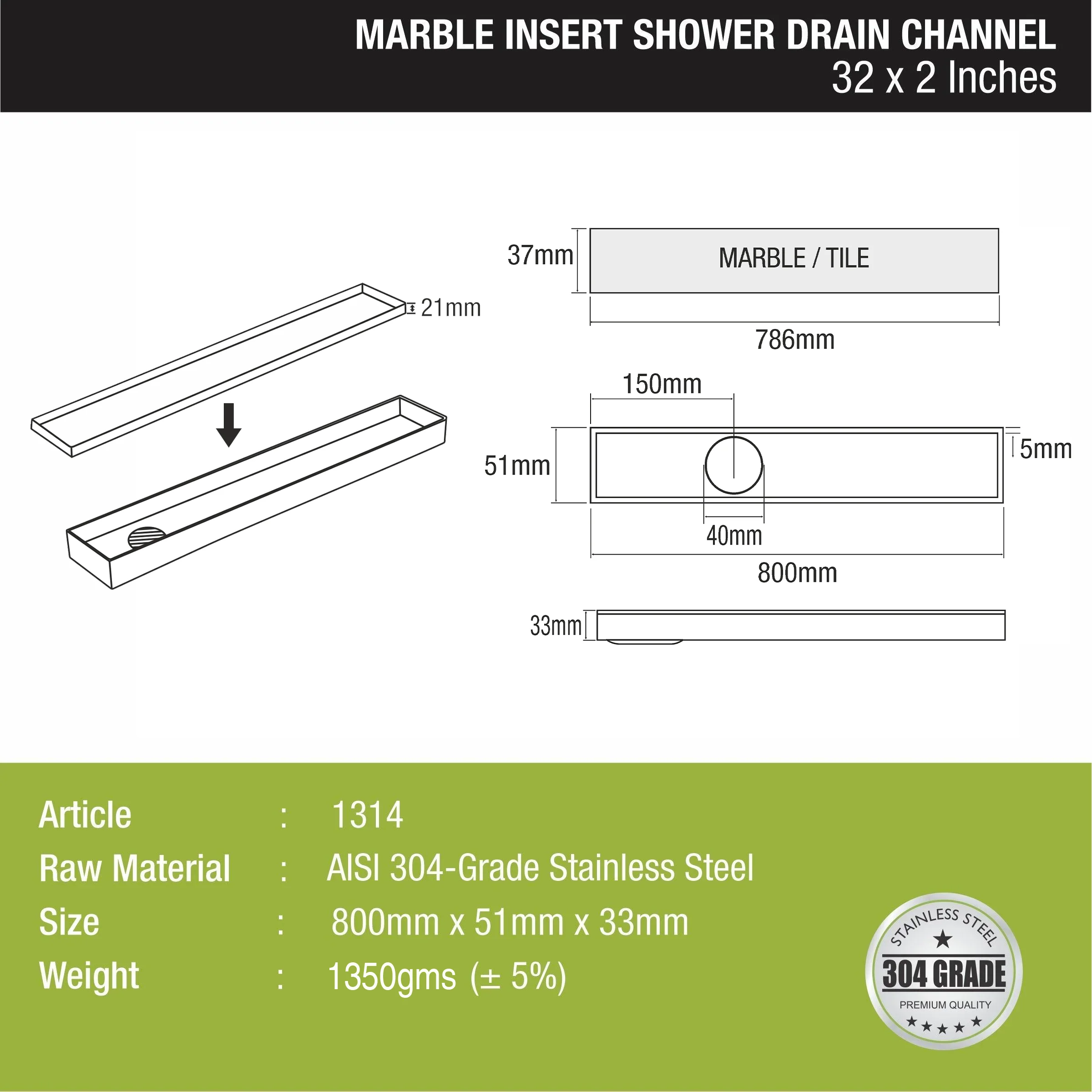 Marble Insert Shower Drain Channel (32 x 2 Inches) - LIPKA - Image 2