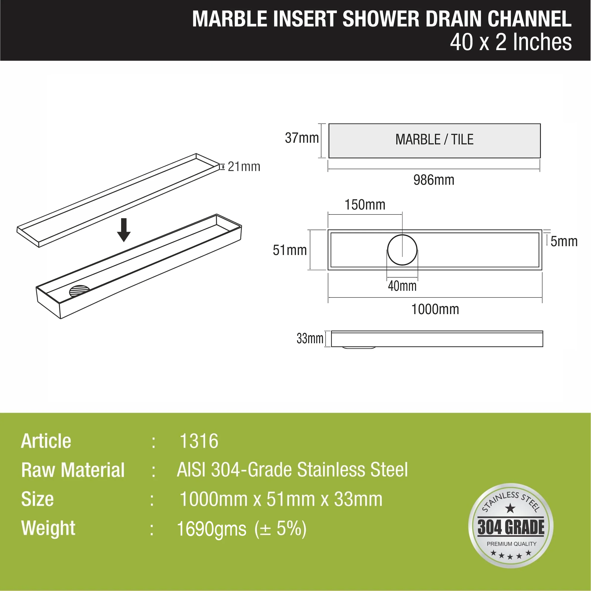 Marble Insert Shower Drain Channel (40 x 2 Inches) - LIPKA - Image 2