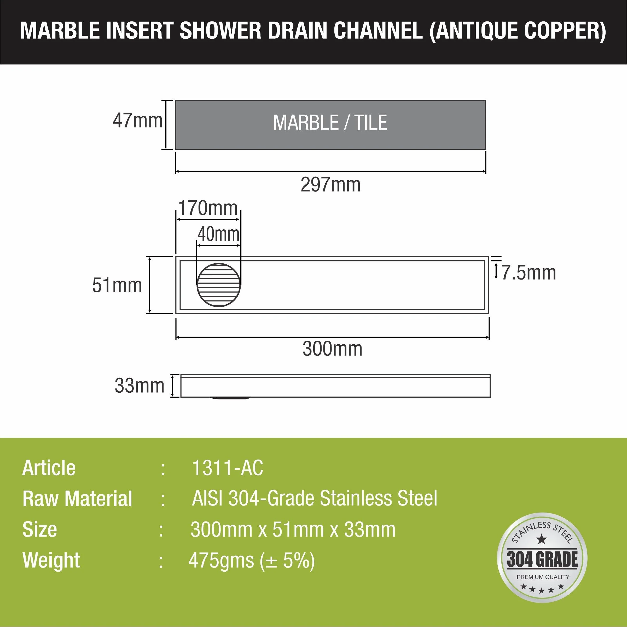Marble Insert Shower Drain Channel - Antique Copper (12 x 2 Inches) - LIPKA - Image 2