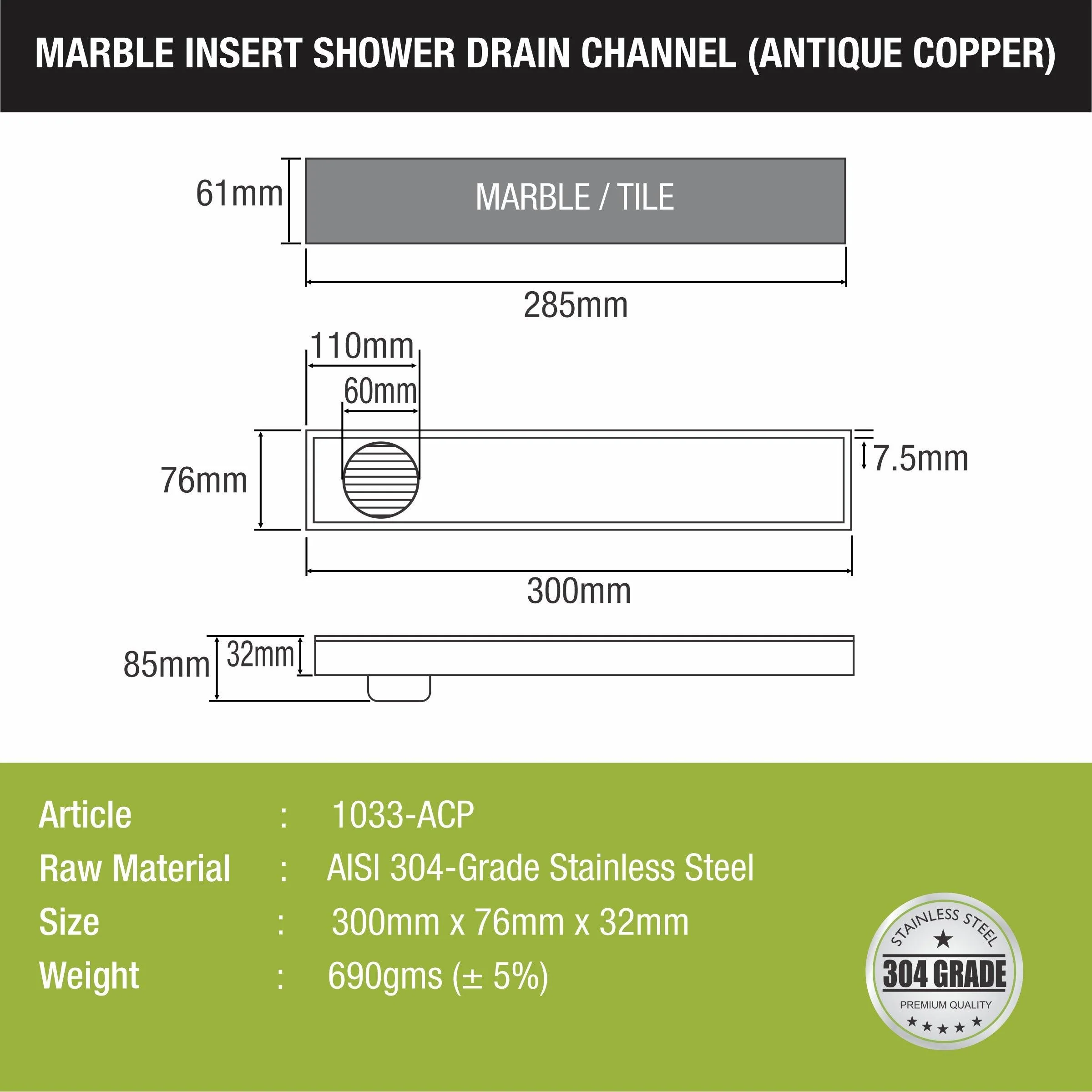 Marble Insert Shower Drain Channel - Antique Copper (12 x 3 Inches) - LIPKA - Image 2