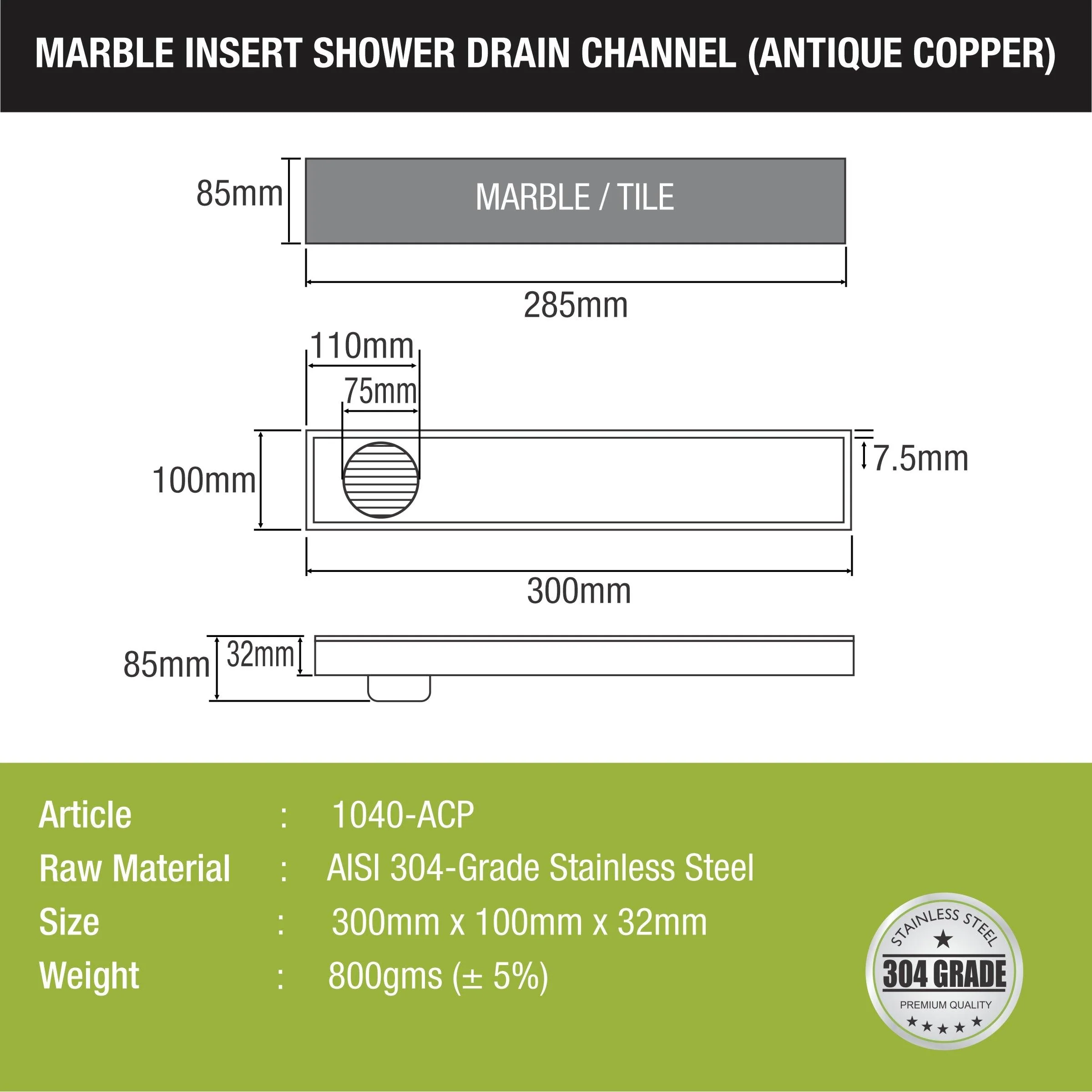 Marble Insert Shower Drain Channel - Antique Copper (12 x 4 Inches) - LIPKA - Image 2