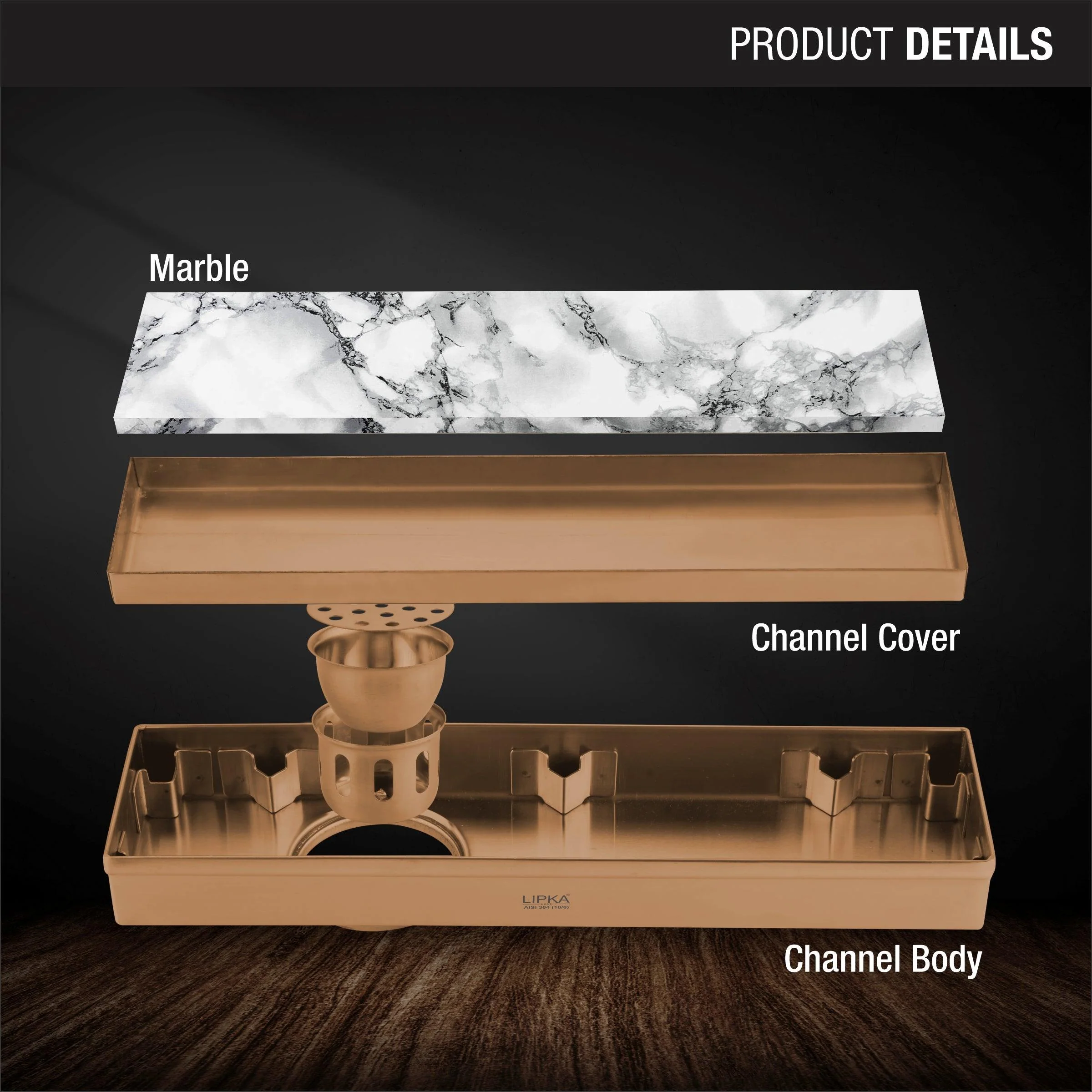 Marble Insert Shower Drain Channel - Antique Copper (18 x 3 Inches) - LIPKA - Image 3