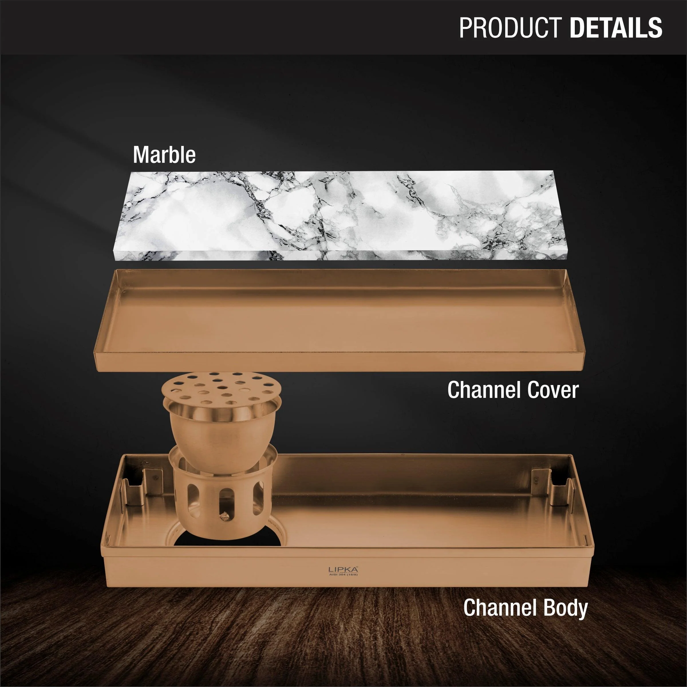Marble Insert Shower Drain Channel - Antique Copper (18 x 4 Inches) - LIPKA - Image 3