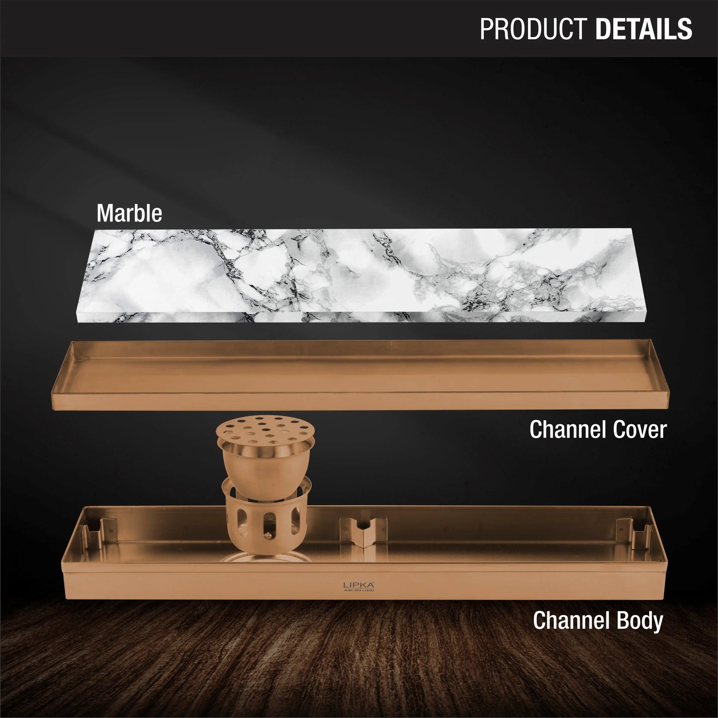 Marble Insert Shower Drain Channel - Antique Copper (24 x 5 Inches) - LIPKA - Image 3