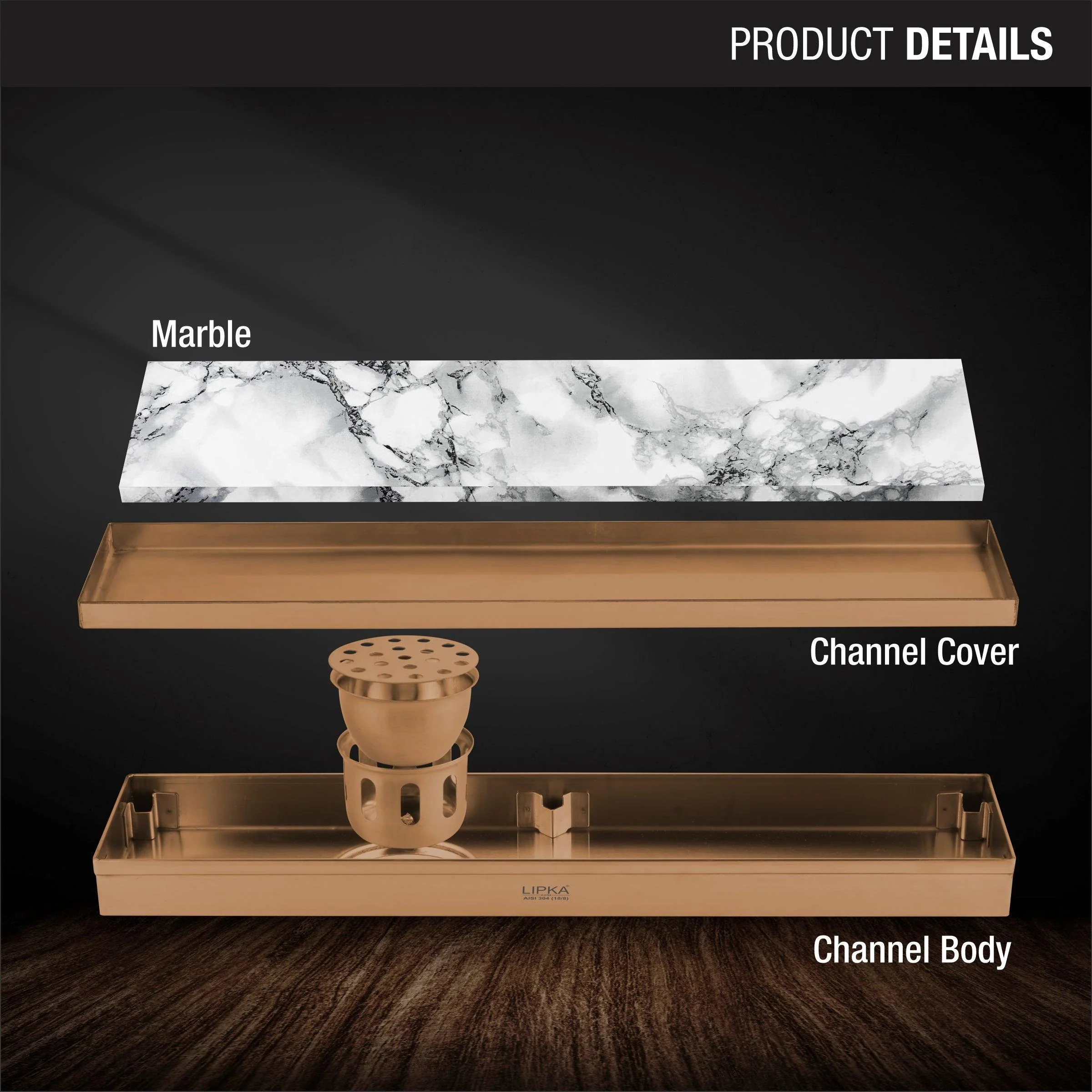 Marble Insert Shower Drain Channel - Antique Copper (32 x 4 Inches) - LIPKA - Image 3