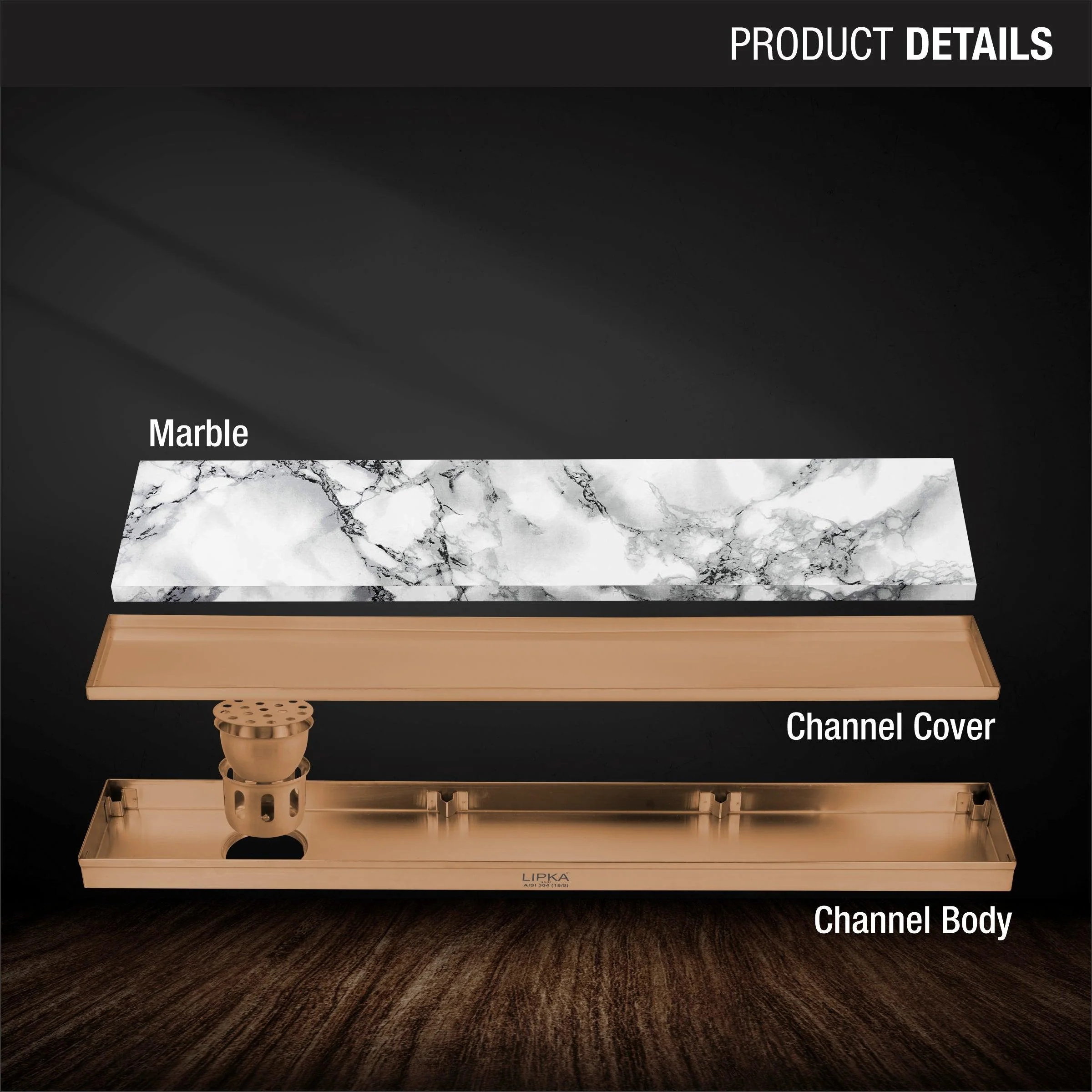 Marble Insert Shower Drain Channel - Antique Copper (36 x 4 Inches) - LIPKA - Image 3