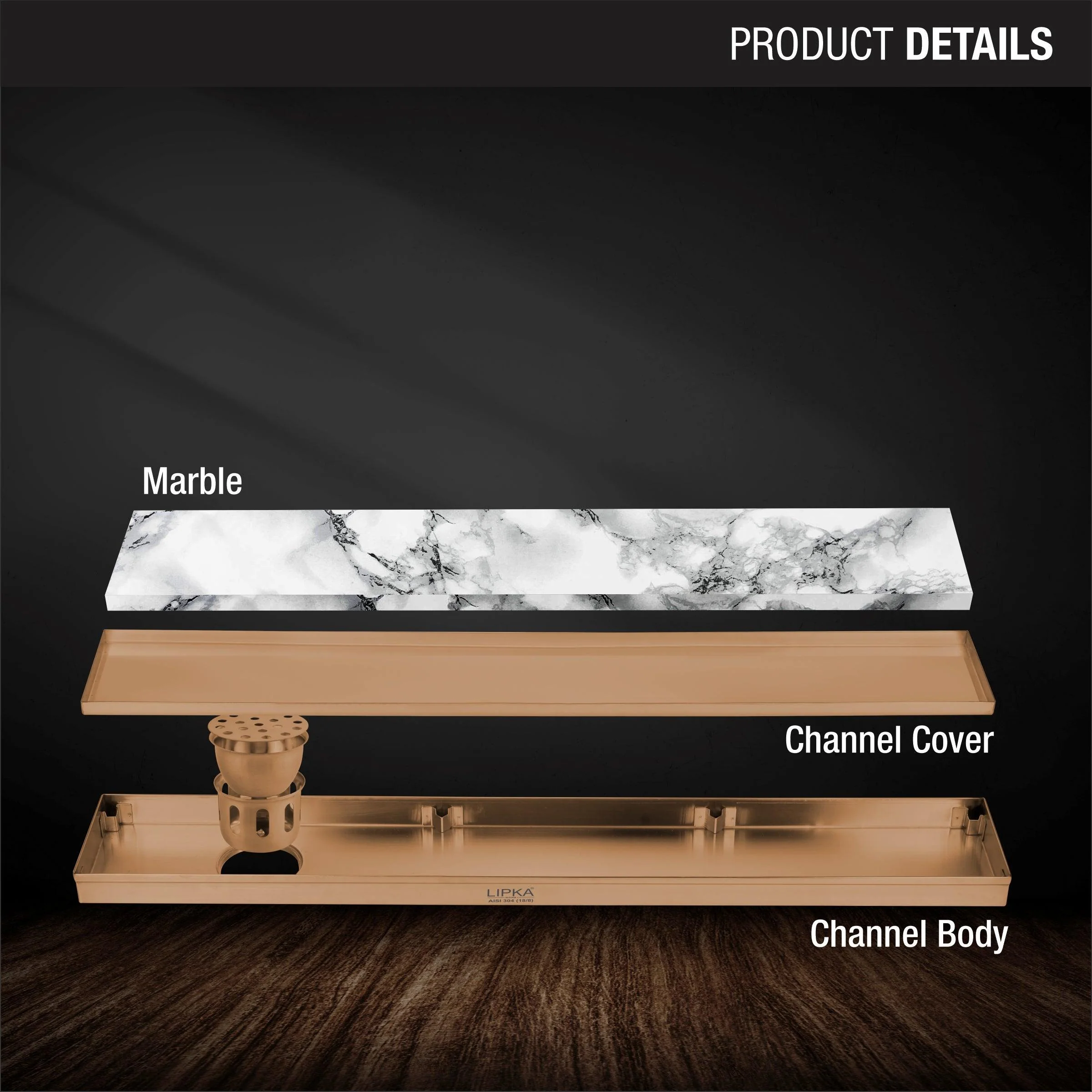 Marble Insert Shower Drain Channel - Antique Copper (36 x 5 Inches) - LIPKA - Image 3