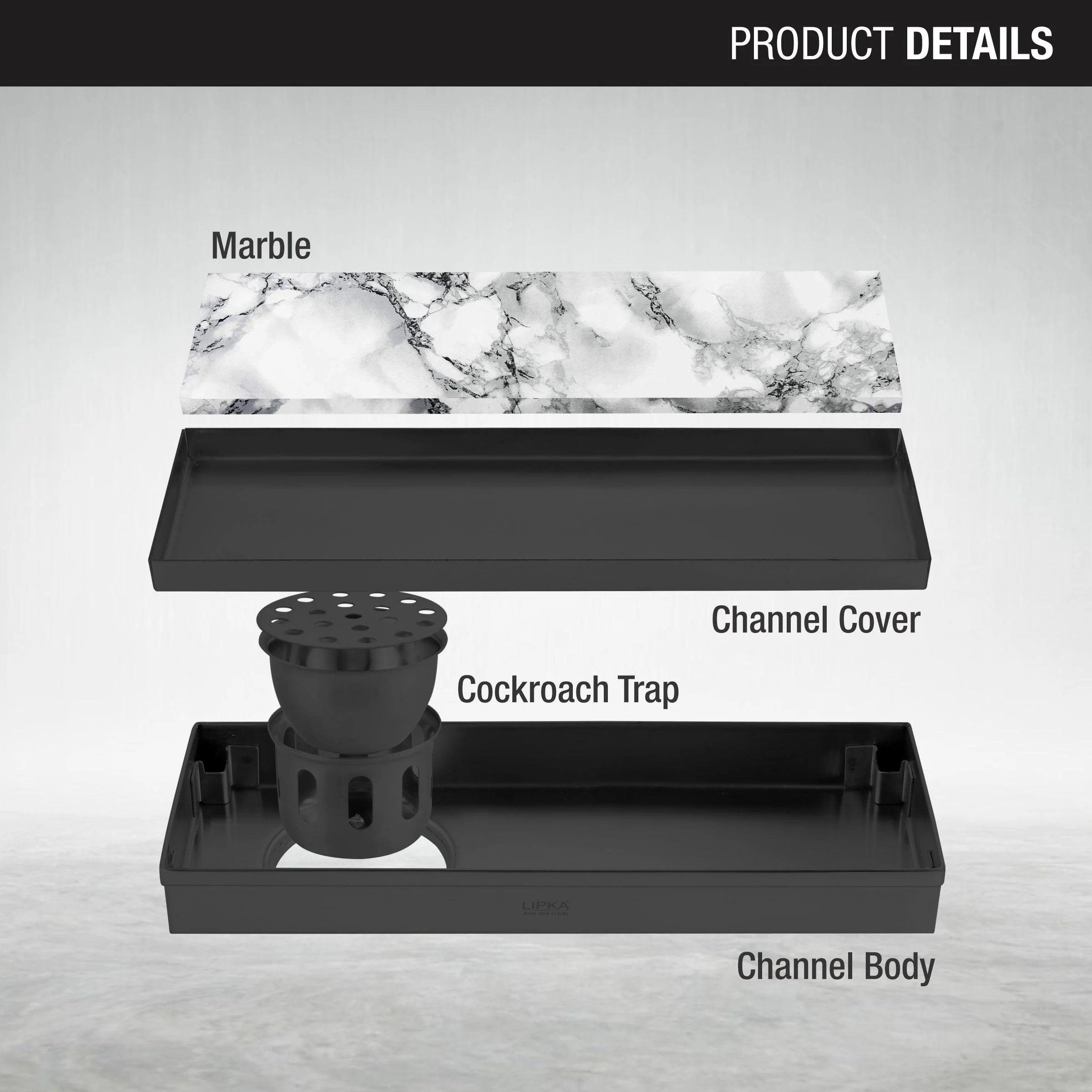 Marble Insert Shower Drain Channel - Black (12 x 5 Inches) - LIPKA - Image 3