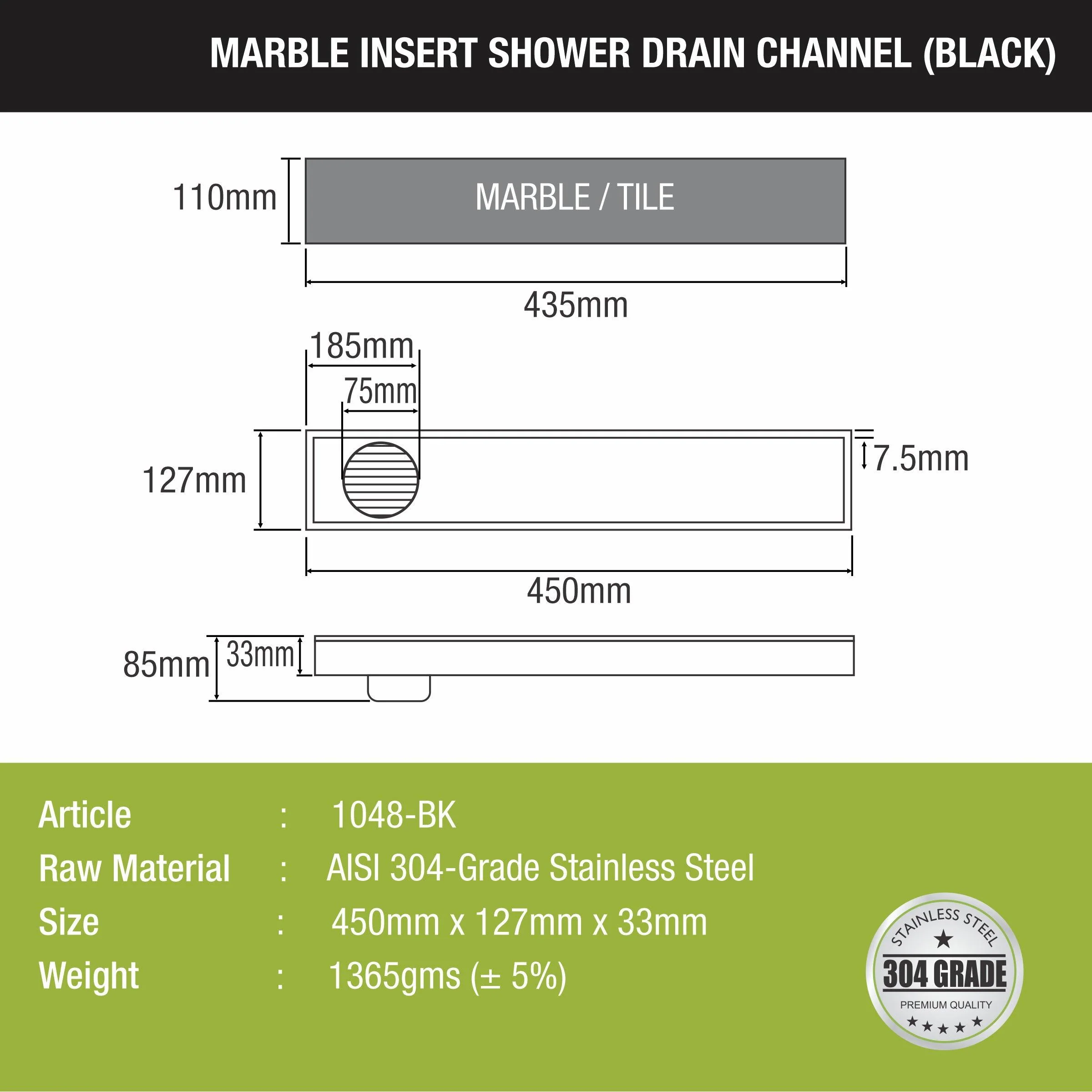Marble Insert Shower Drain Channel - Black (18 x 5 Inches) - LIPKA - Image 2