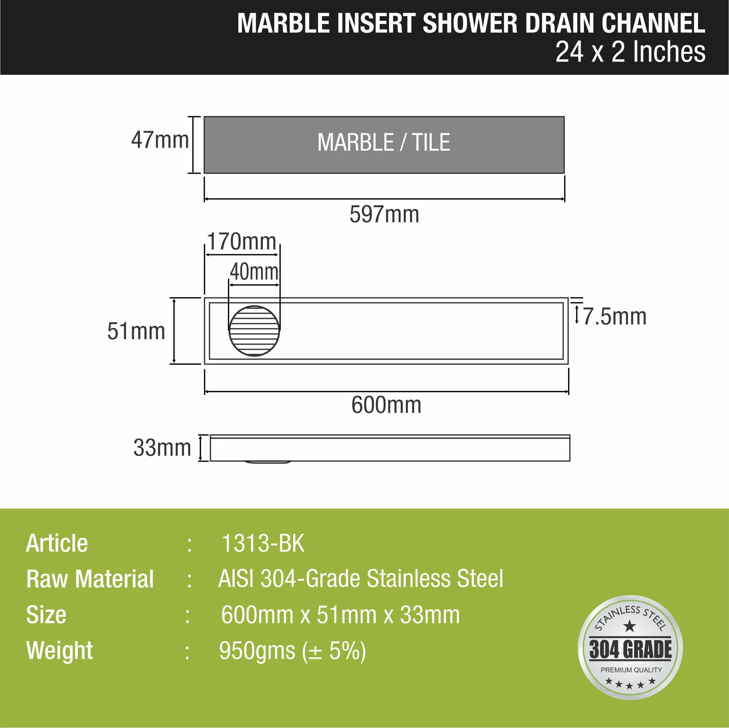 Marble Insert Shower Drain Channel - Black (24 x 2 Inches) - LIPKA - Image 2