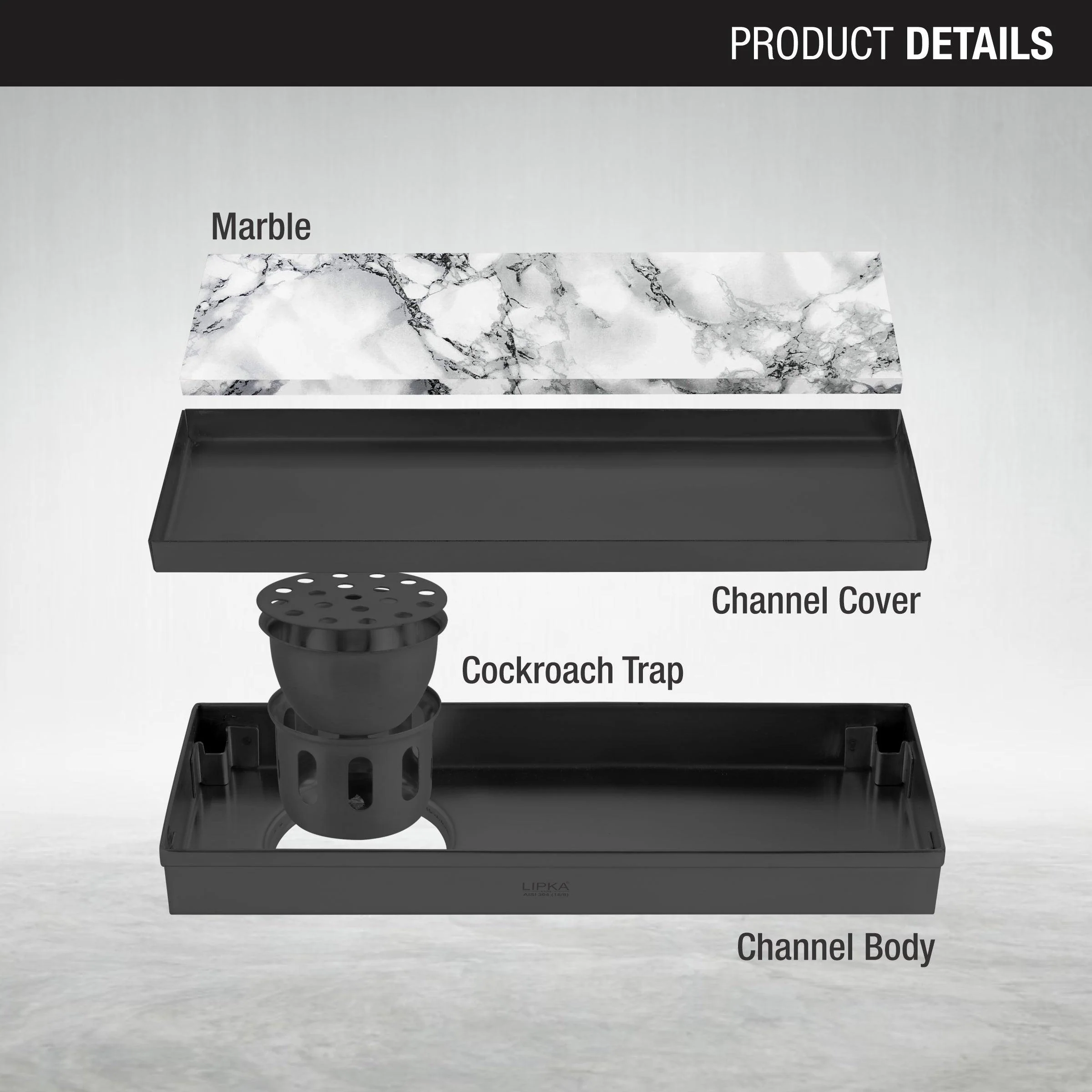 Marble Insert Shower Drain Channel - Black (18 x 4 Inches) - LIPKA - Image 3