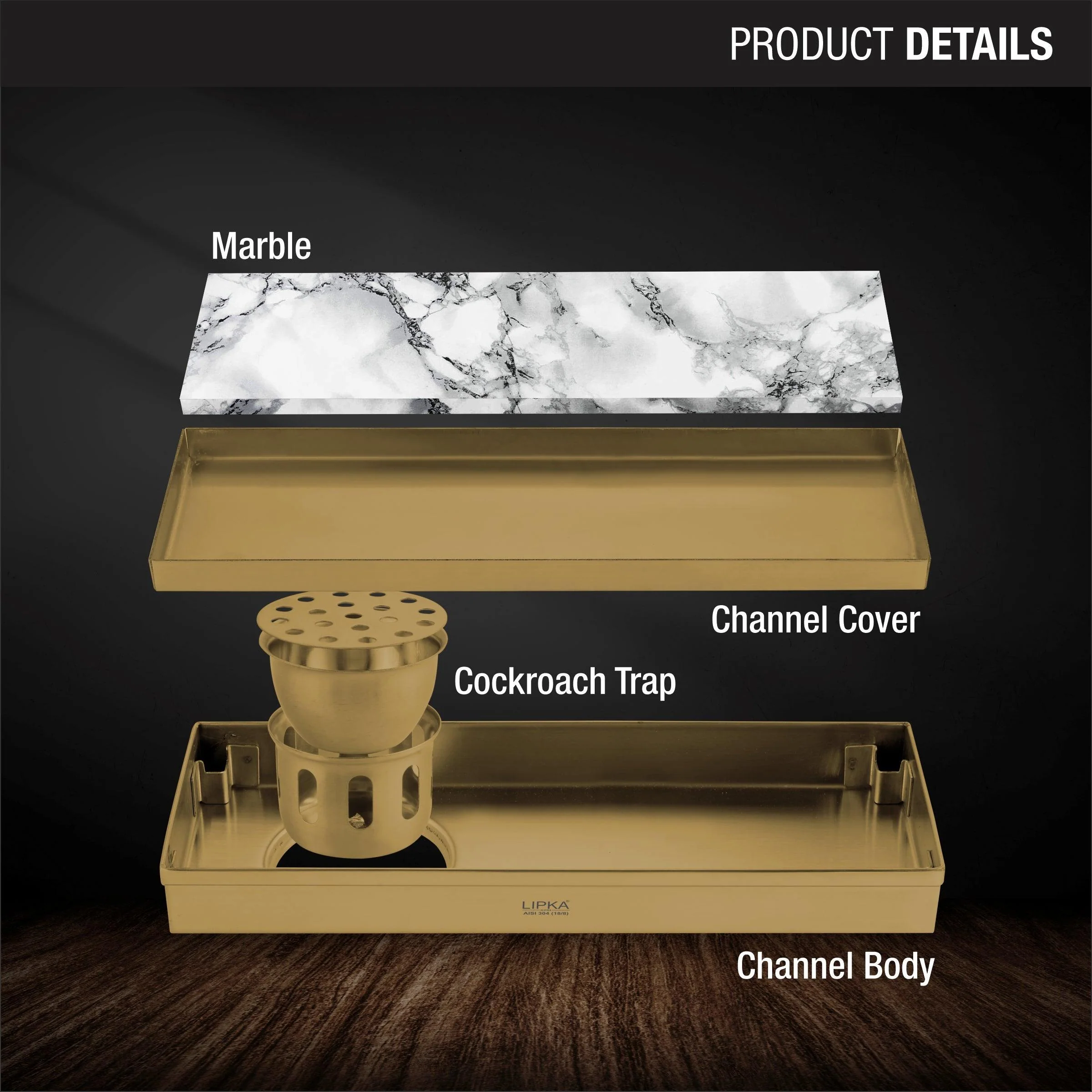 Marble Insert Shower Drain Channel - Yellow Gold (18 x 4 Inches) - LIPKA - Image 3
