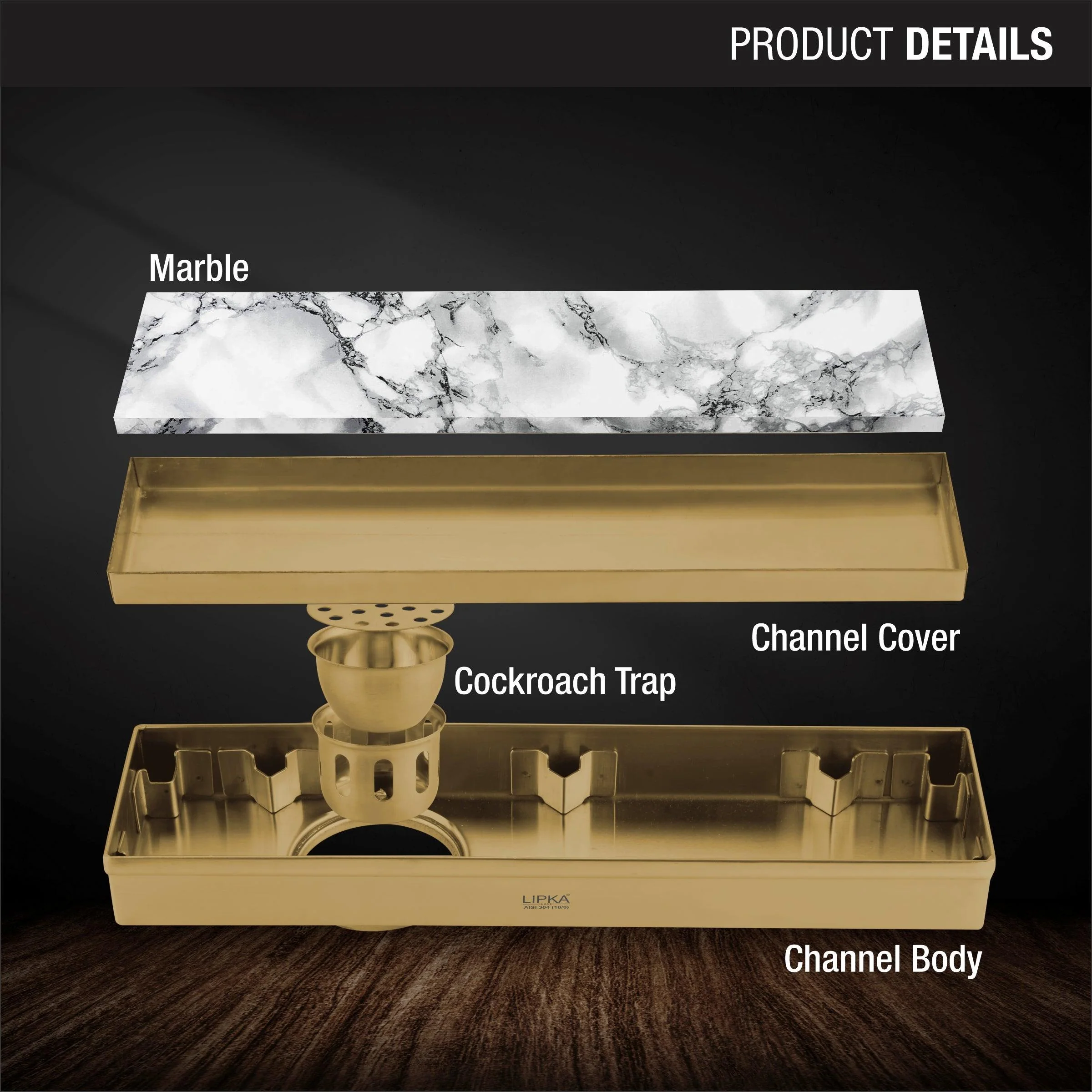 Marble Insert Shower Drain Channel - Yellow Gold (24 x 3 Inches) - LIPKA - Image 3