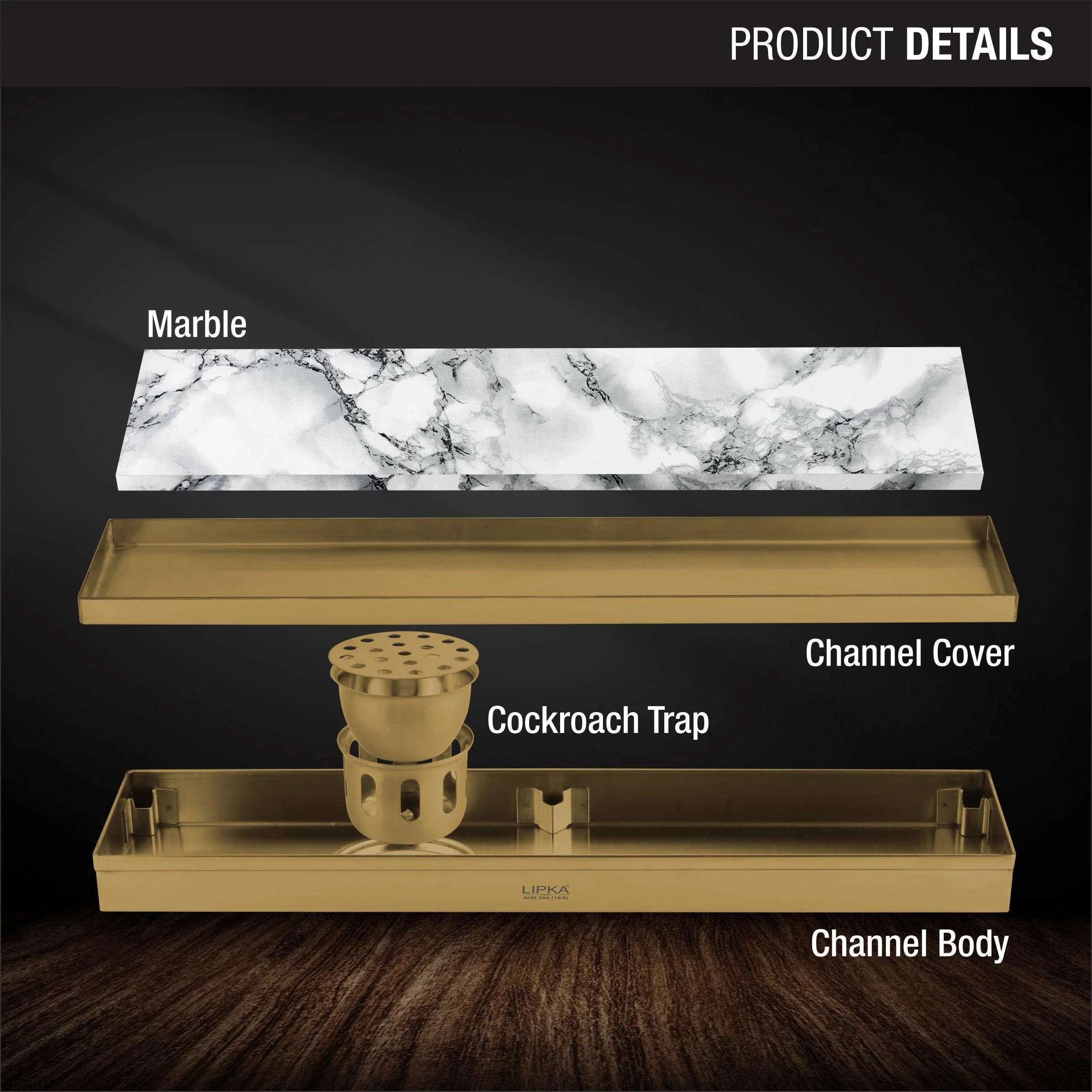 Marble Insert Shower Drain Channel - Yellow Gold (24 x 5 Inches) - LIPKA - Image 3