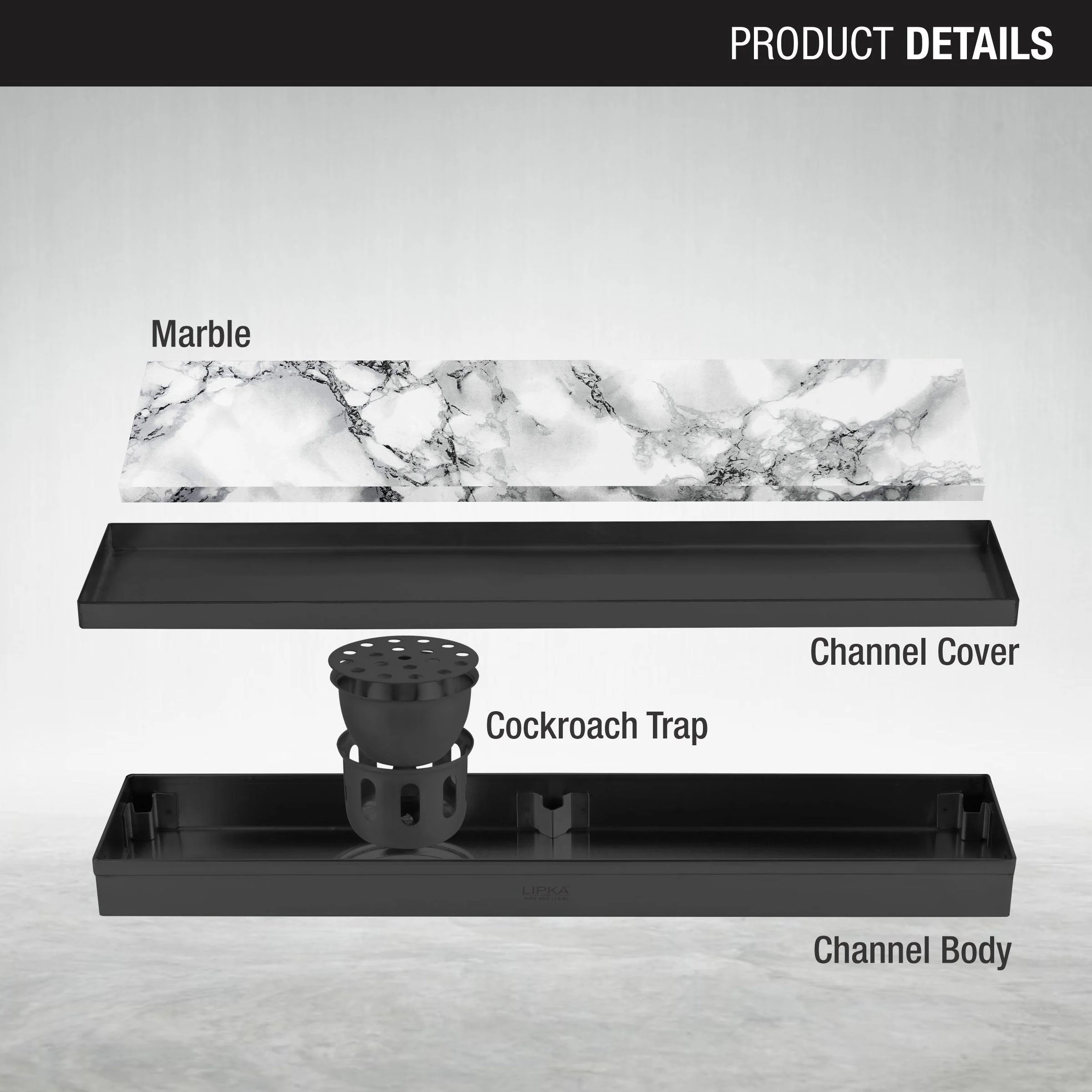 Marble Insert Shower Drain Channel - Black (32 x 4 Inches) - LIPKA - Image 3