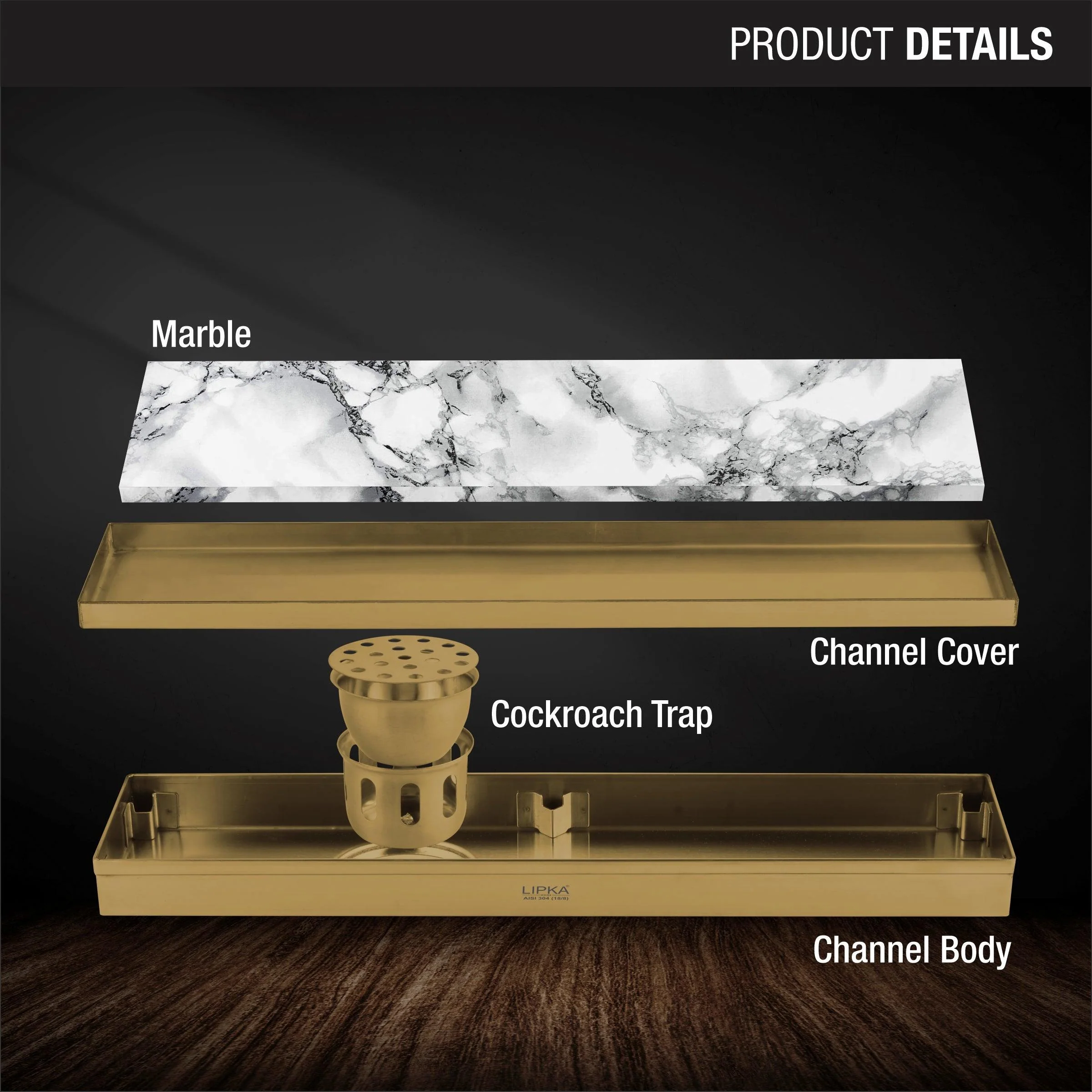 Marble Insert Shower Drain Channel - Yellow Gold (32 x 4 Inches) - LIPKA - Image 3