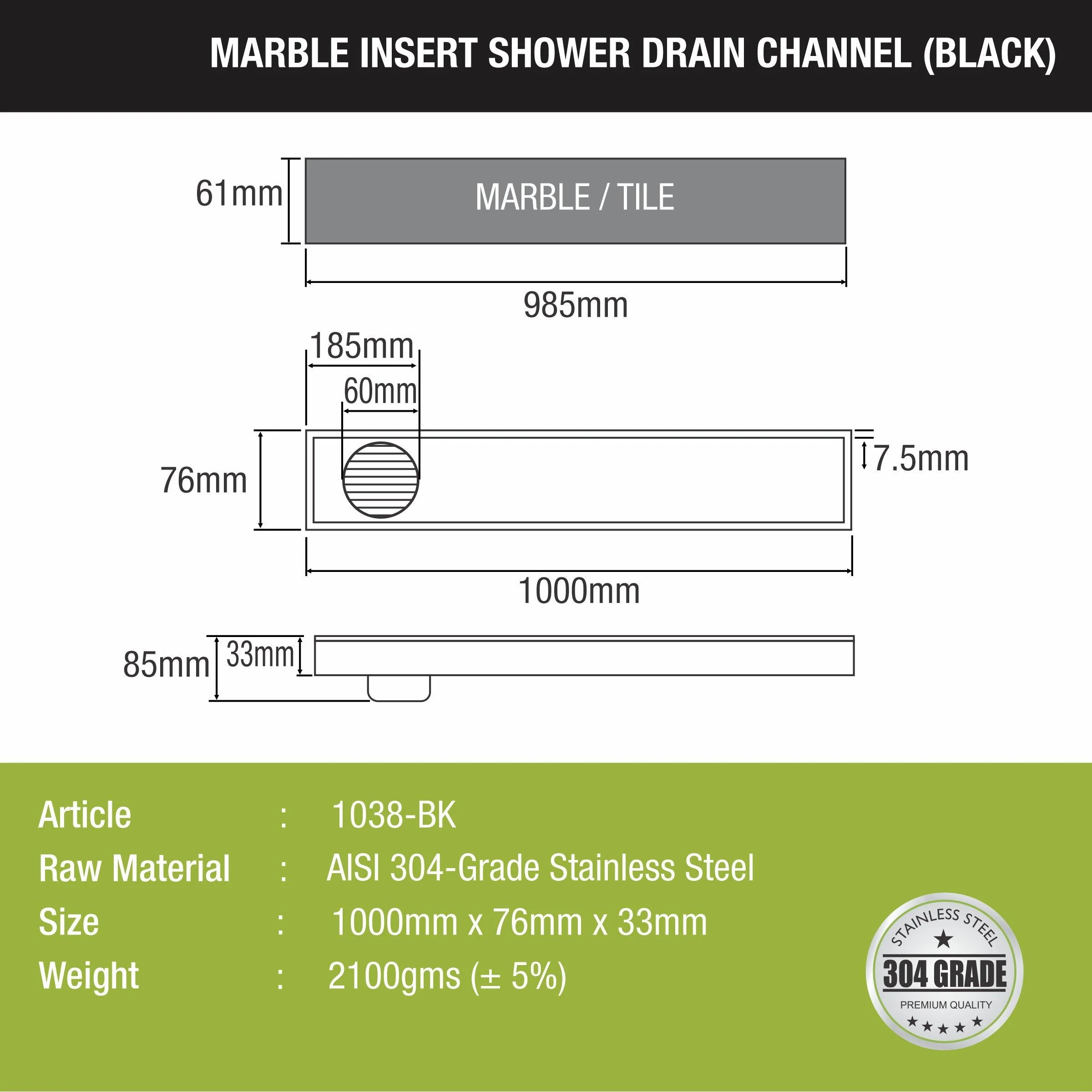 Marble Insert Shower Drain Channel - Black (40 x 3 Inches) - LIPKA - Image 2