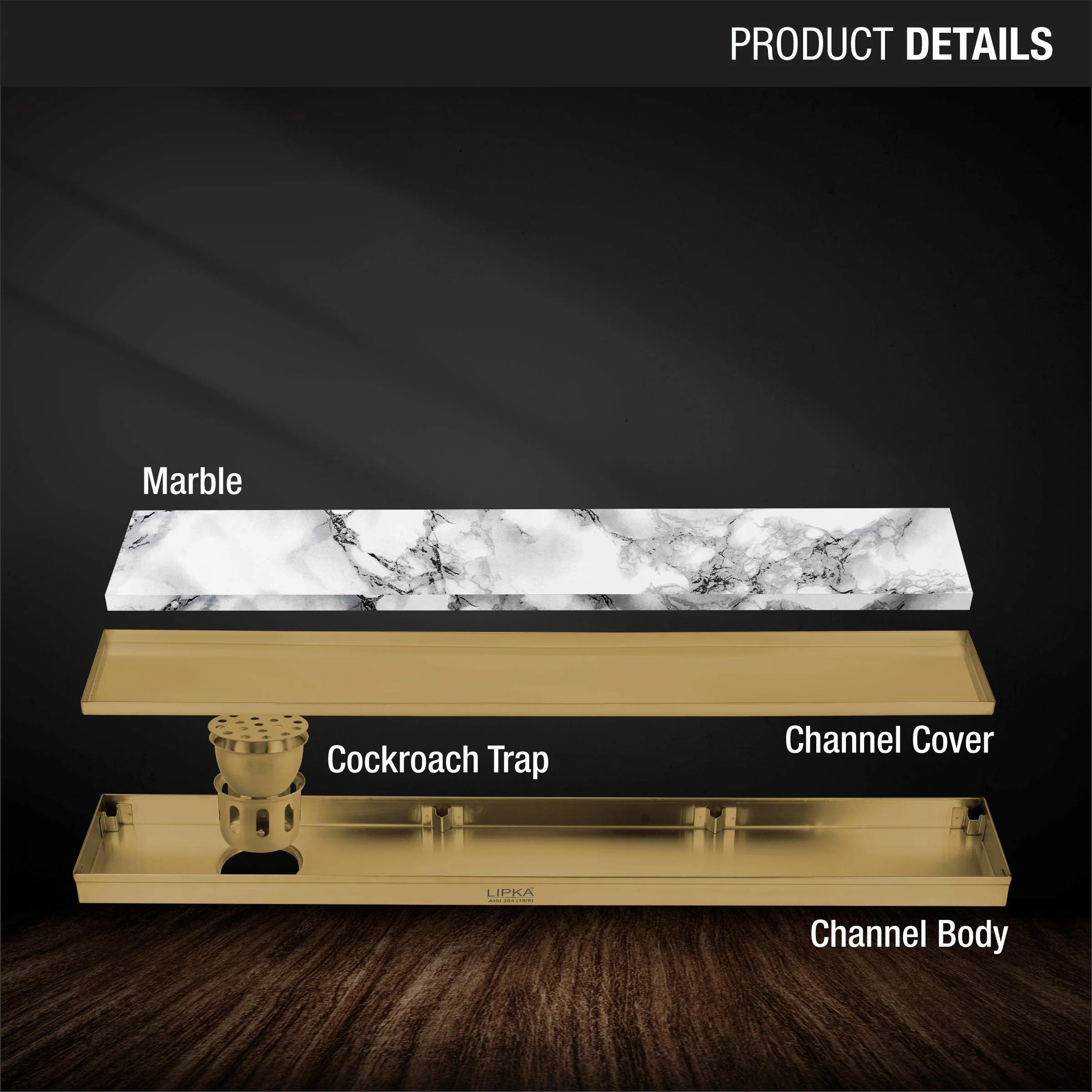 Marble Insert Shower Drain Channel - Yellow Gold (36 x 5 Inches) - LIPKA - Image 3