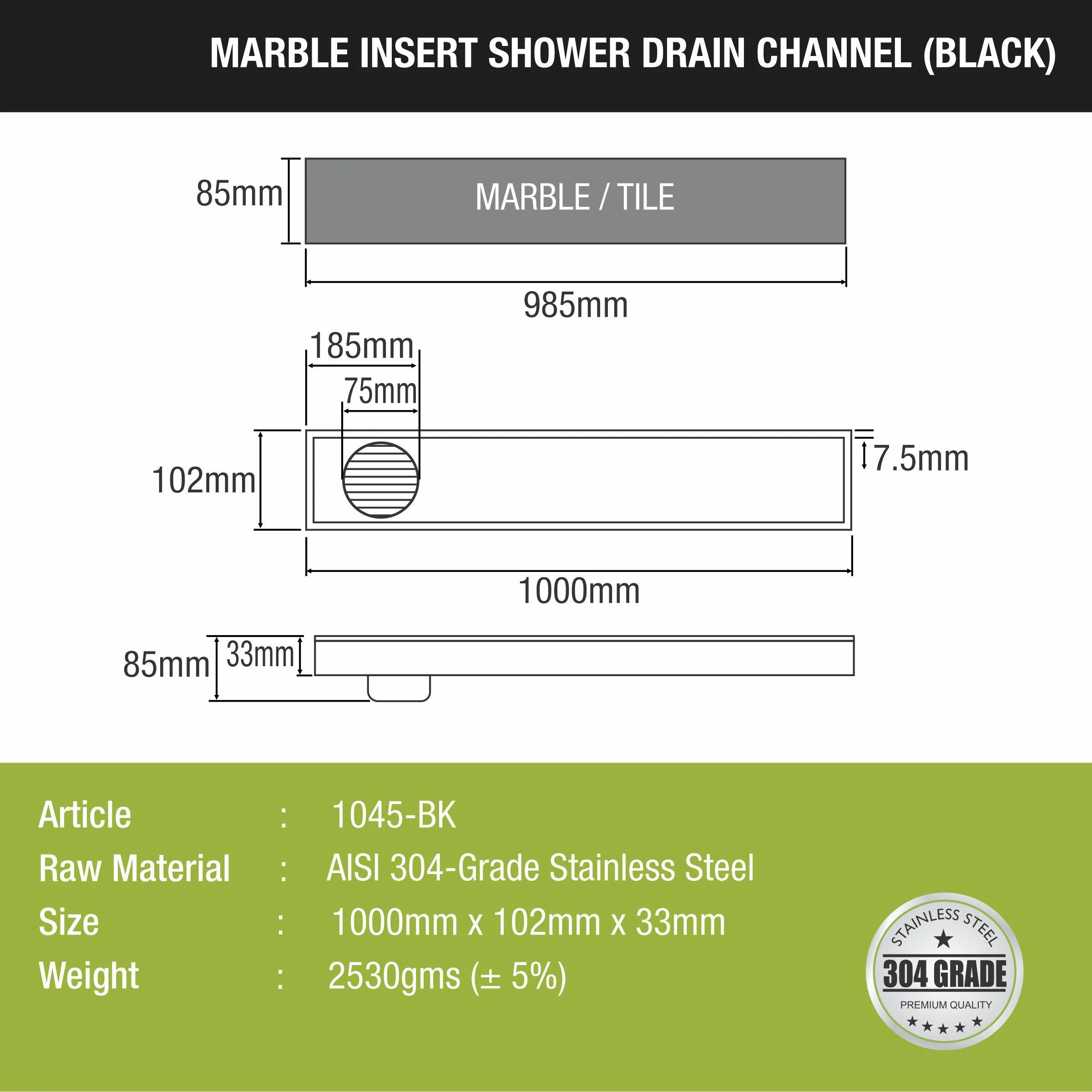 Marble Insert Shower Drain Channel - Black (40 x 4 Inches) - LIPKA - Image 2