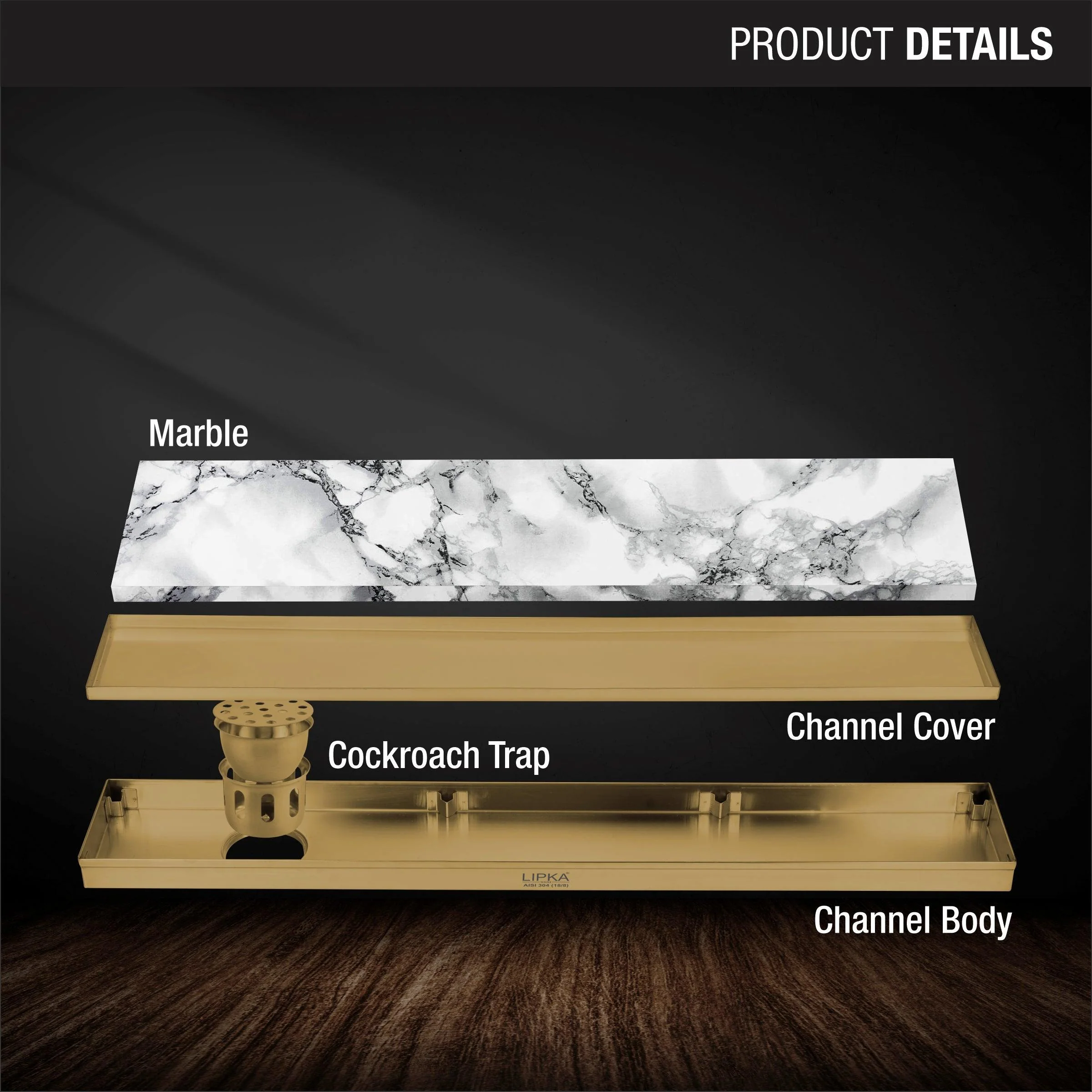 Marble Insert Shower Drain Channel - Yellow Gold (40 x 4 Inches) - LIPKA - Image 3