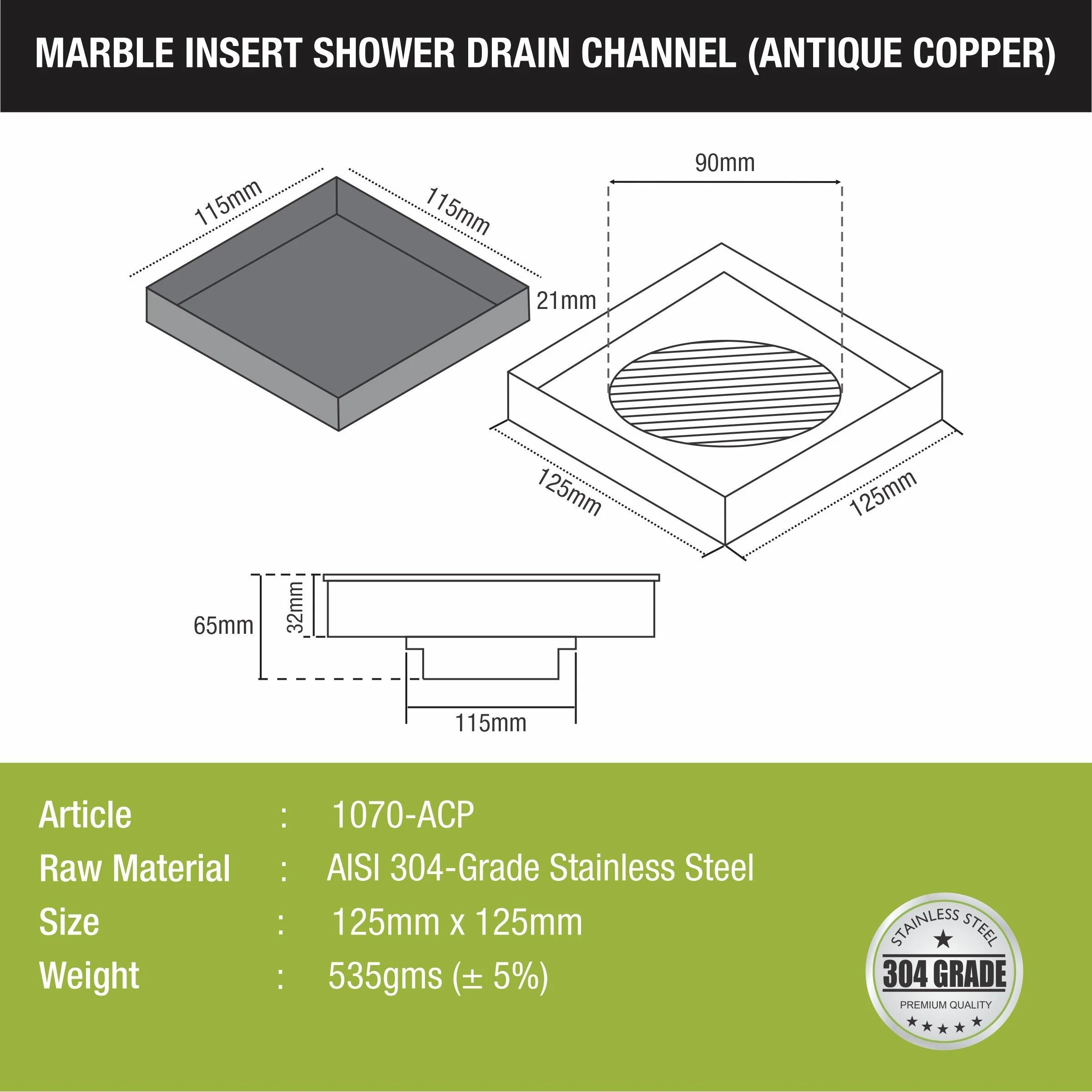 Marble Insert Square Floor Drain - Antique Copper (5 x 5 Inches) - LIPKA - Image 2