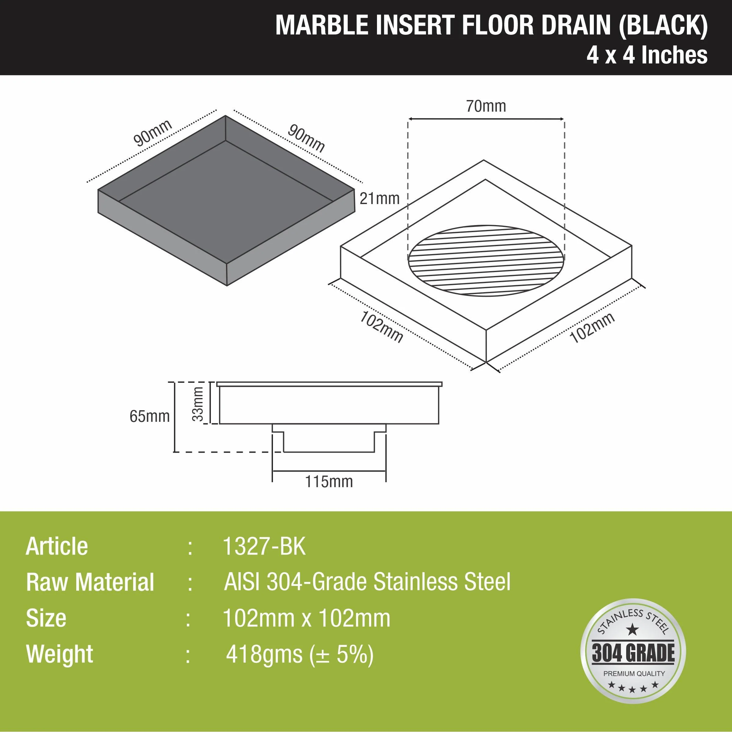 Marble Insert Square Floor Drain - Black (4 x 4 Inches) - LIPKA - Image 2