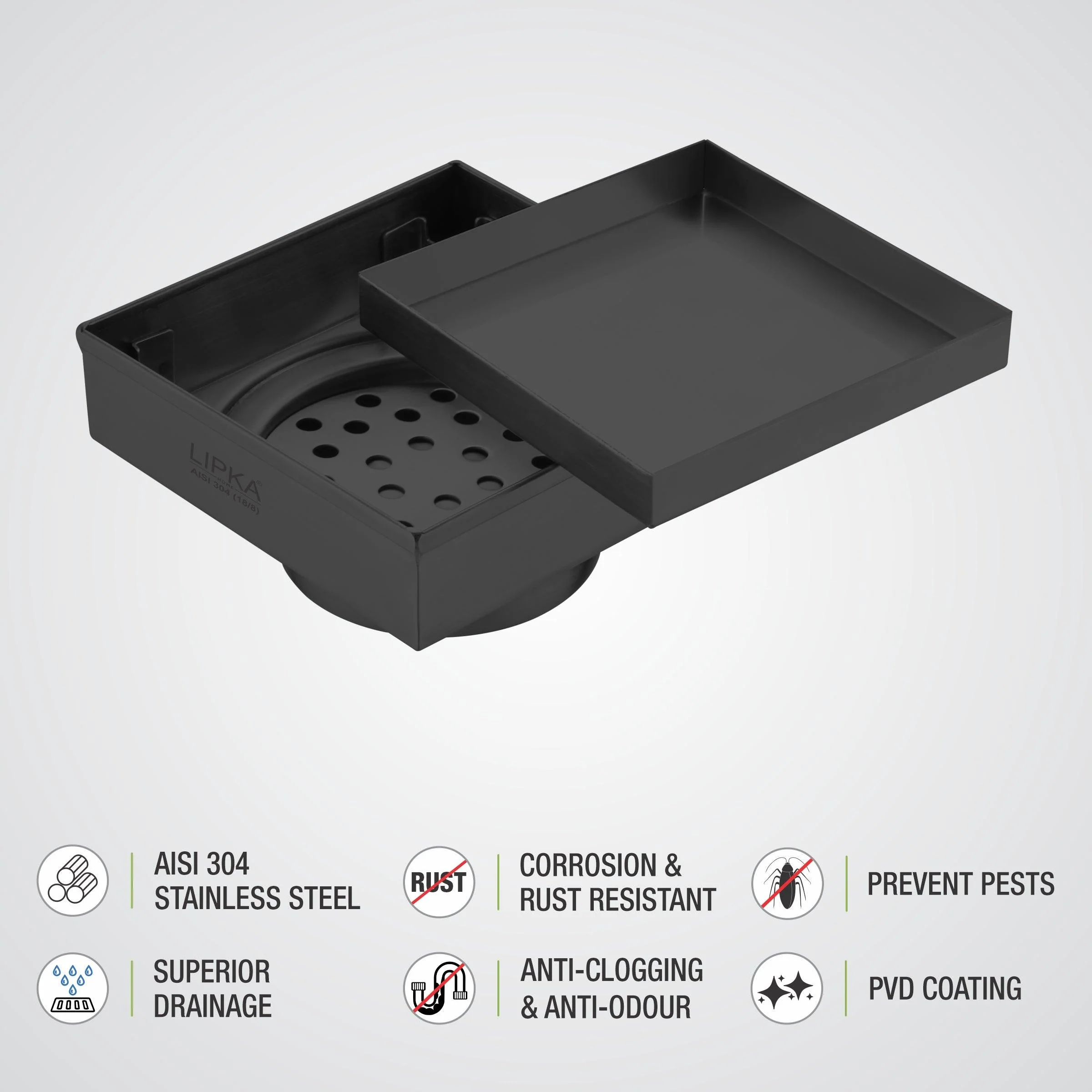 Marble Insert Square Floor Drain - Black (4 x 4 Inches) - LIPKA - Image 4