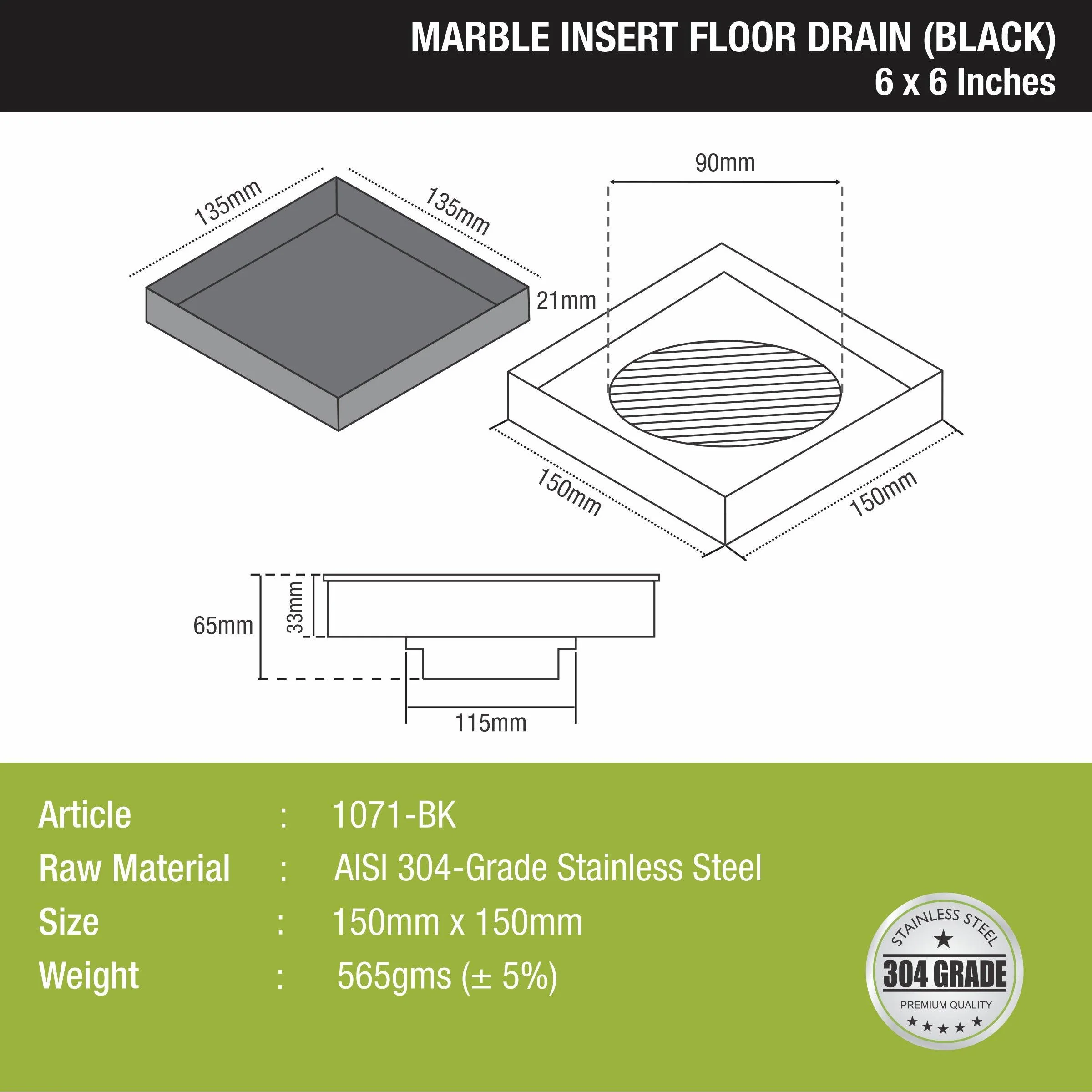 Marble Insert Square Floor Drain - Black (6 x 6 Inches) - LIPKA - Image 2