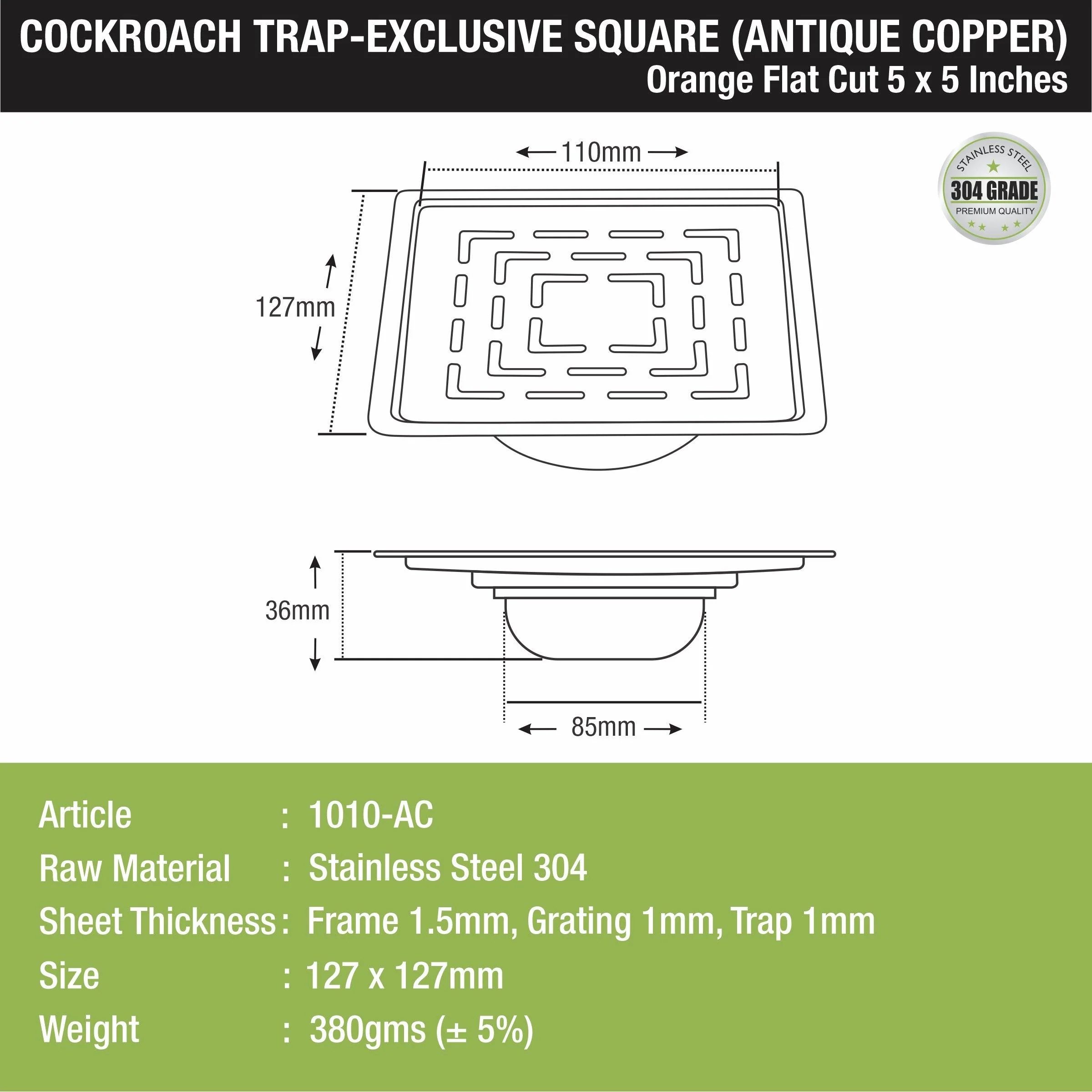 Orange Exclusive Square Flat Cut Floor Drain in Antique Copper PVD Coating (5 x 5 Inches) with Cockroach Trap - LIPKA - Image 2