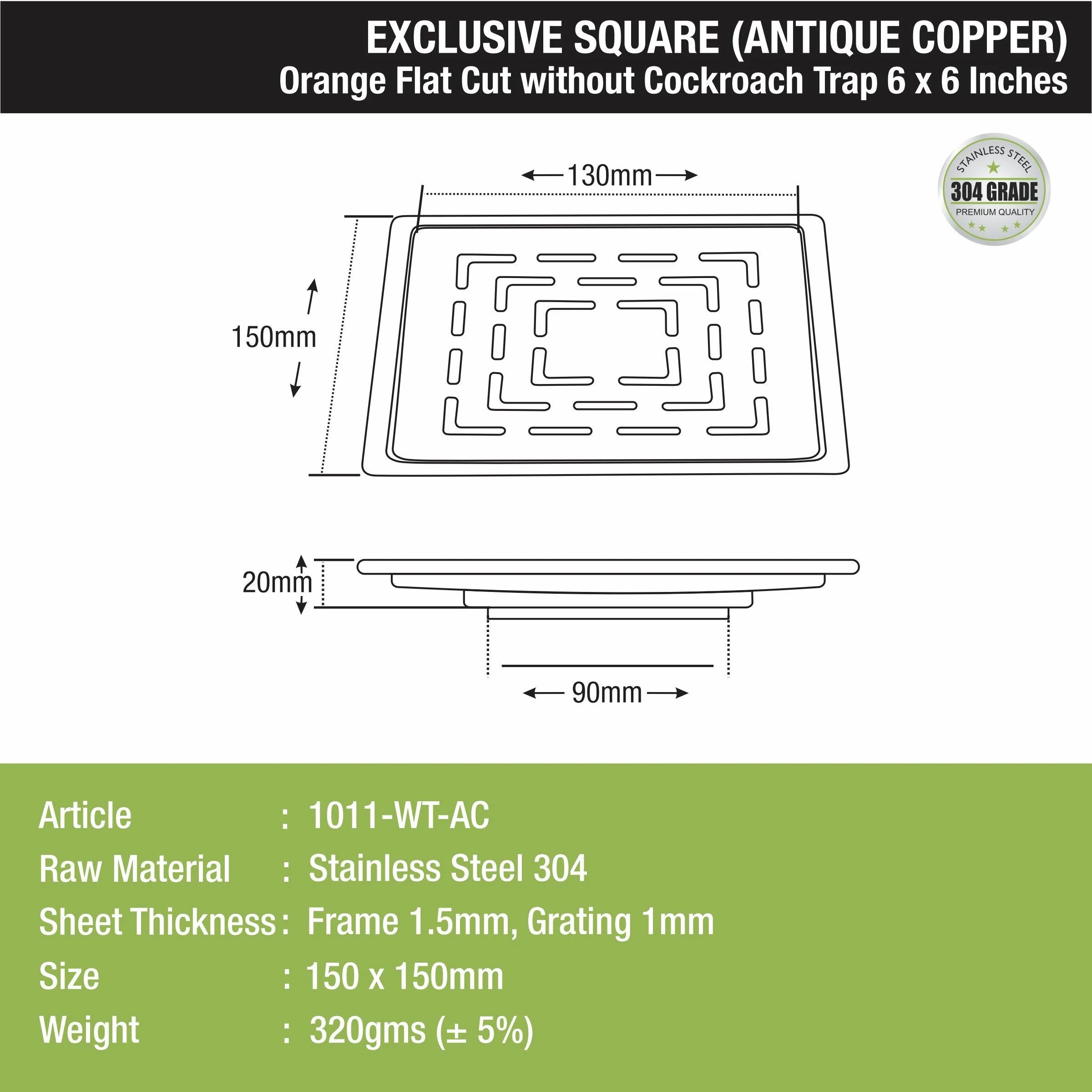 Orange Exclusive Square Flat Cut Floor Drain in Antique Copper PVD Coating (6 x 6 Inches) - LIPKA - Image 2