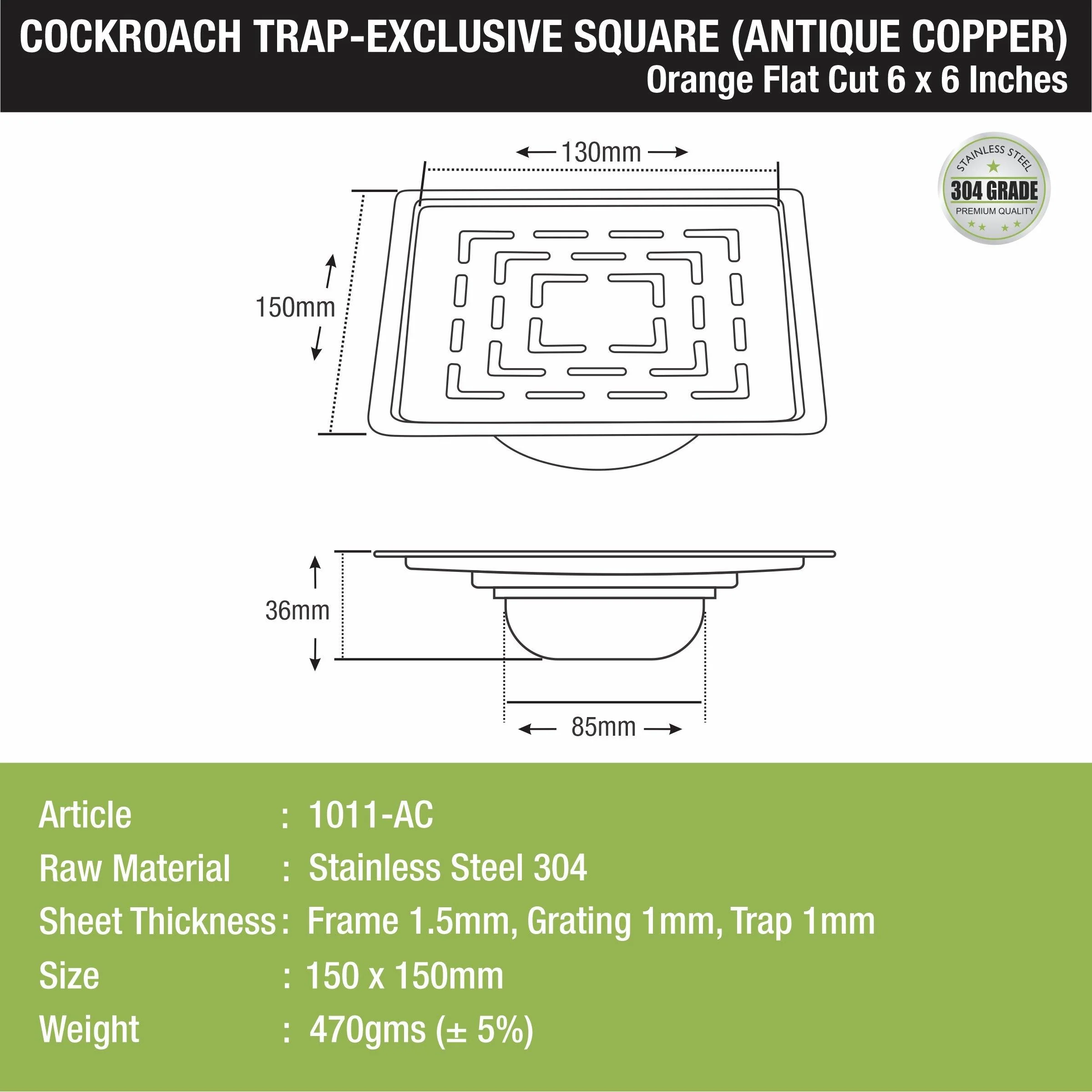 Orange Exclusive Square Flat Cut Floor Drain in Antique Copper PVD Coating (6 x 6 Inches) with Cockroach Trap - LIPKA - Image 2
