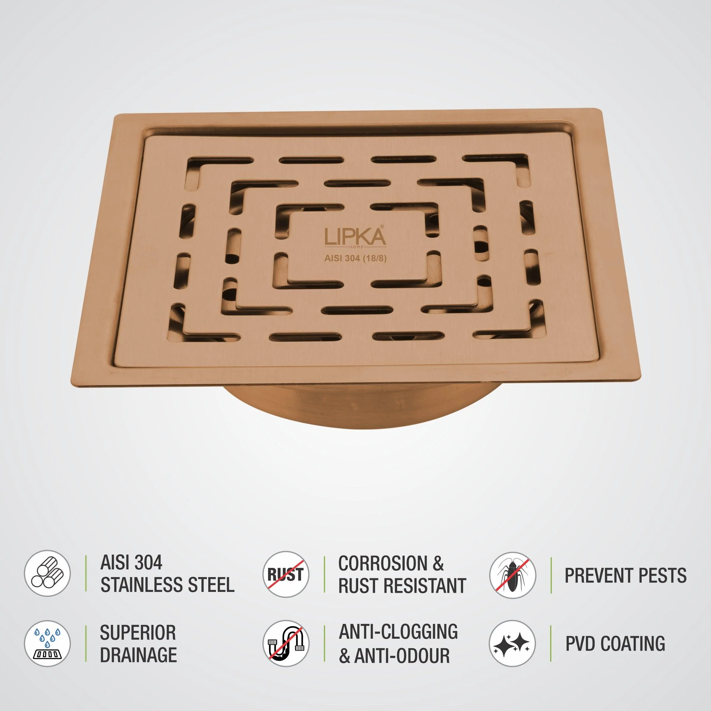 Orange Exclusive Square Flat Cut Floor Drain in Antique Copper PVD Coating (6 x 6 Inches) with Cockroach Trap - LIPKA - Image 4