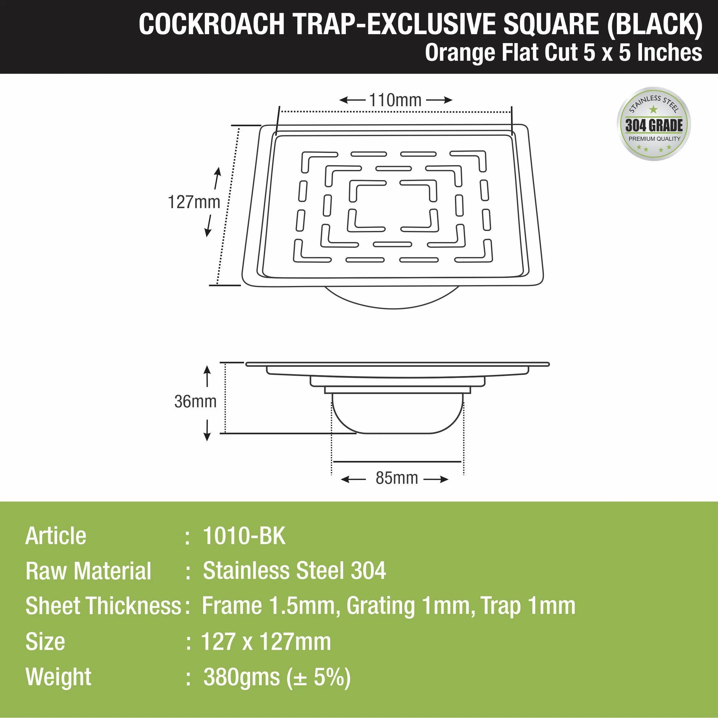 Orange Exclusive Square Flat Cut Floor Drain in Black PVD Coating (5 x 5 Inches) with Cockroach Trap - LIPKA - Image 3