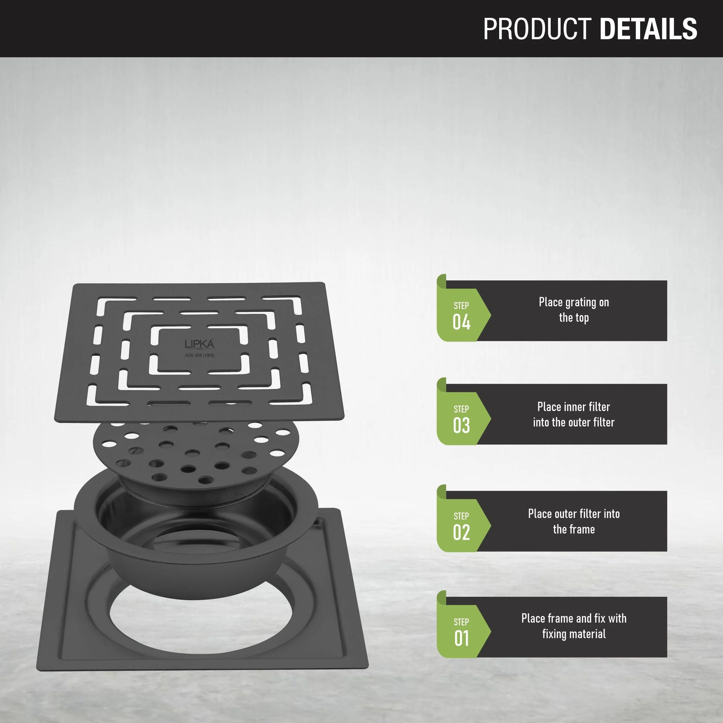 Orange Exclusive Square Flat Cut Floor Drain in Black PVD Coating (5 x 5 Inches) with Cockroach Trap - LIPKA - Image 4