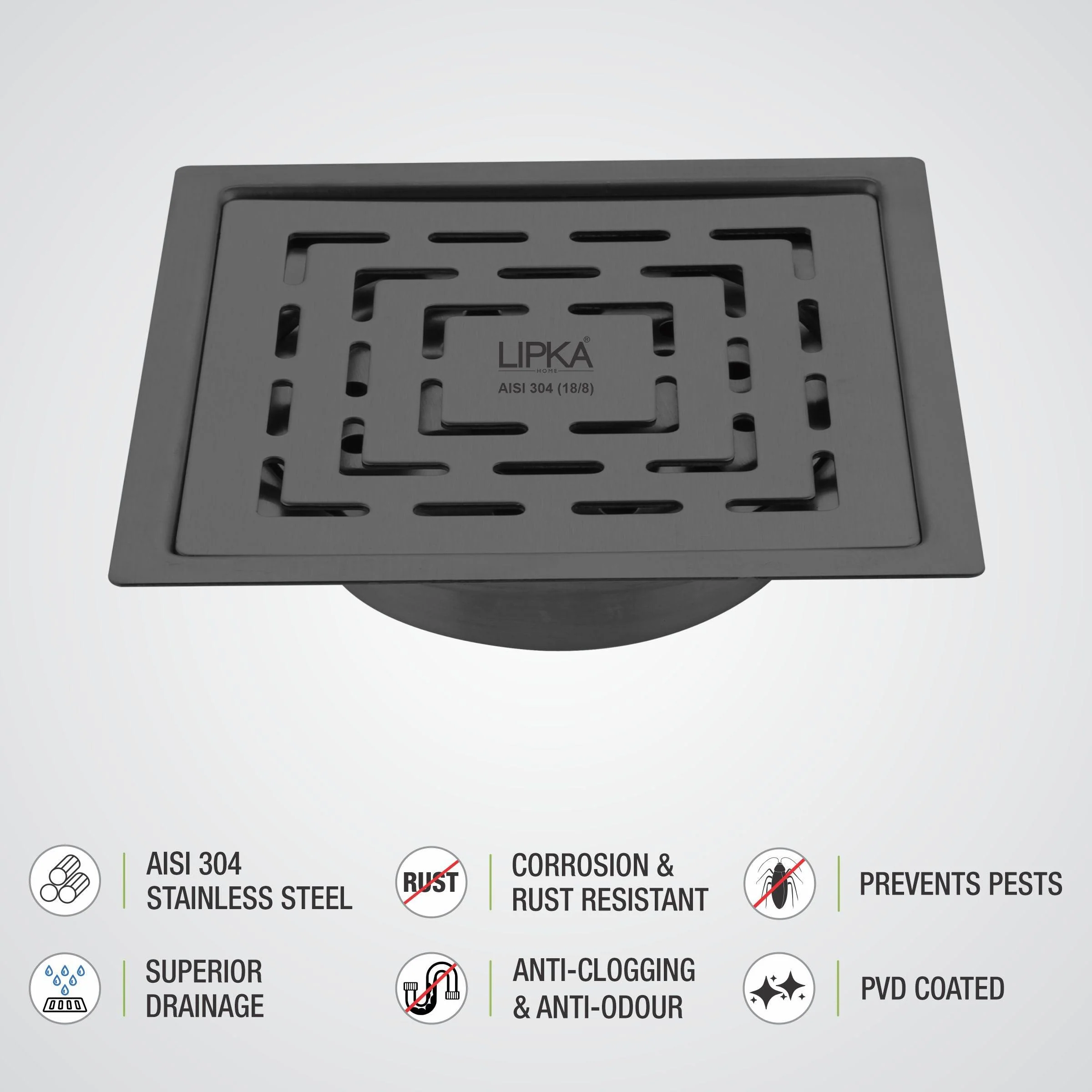 Orange Exclusive Square Flat Cut Floor Drain in Black PVD Coating (5 x 5 Inches) with Cockroach Trap - LIPKA - Image 5