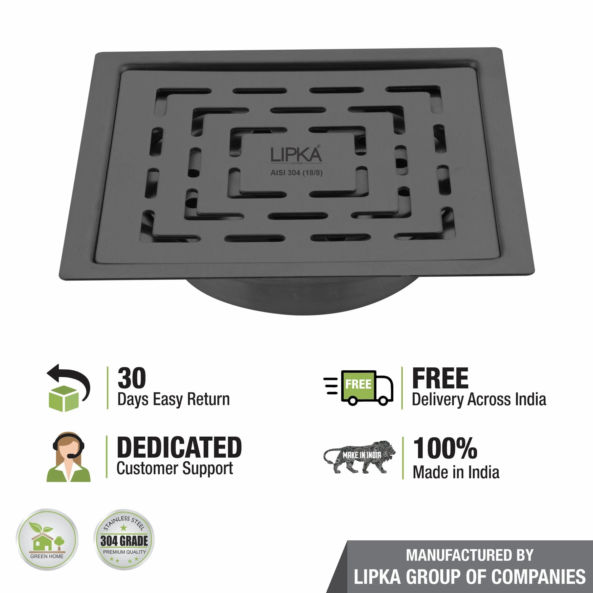 Orange Exclusive Square Flat Cut Floor Drain in Black PVD Coating (5 x 5 Inches) with Cockroach Trap - LIPKA - Image 6