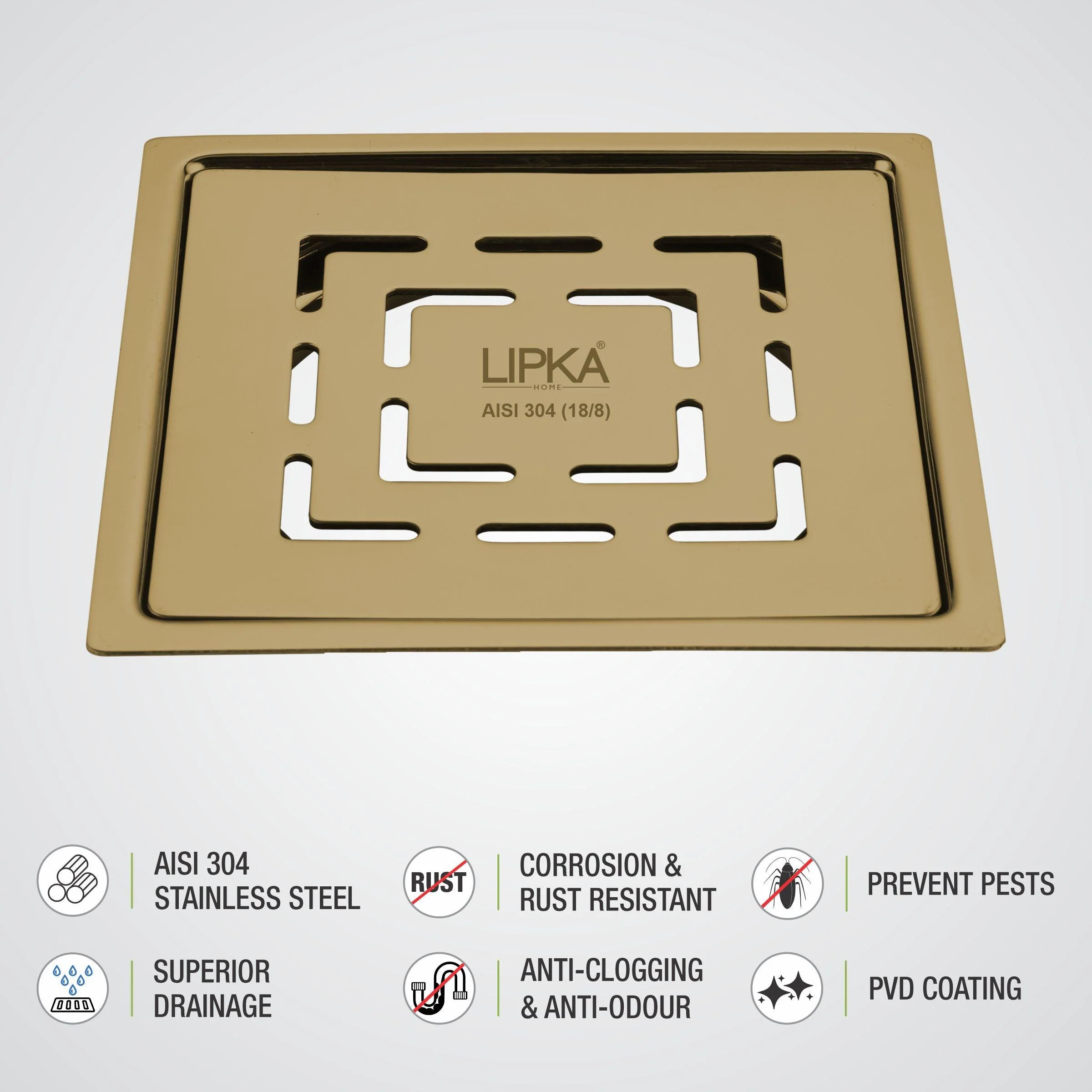 Orange Exclusive Square Flat Cut Floor Drain in Yellow Gold PVD Coating (5 x 5 Inches) - LIPKA - Image 3