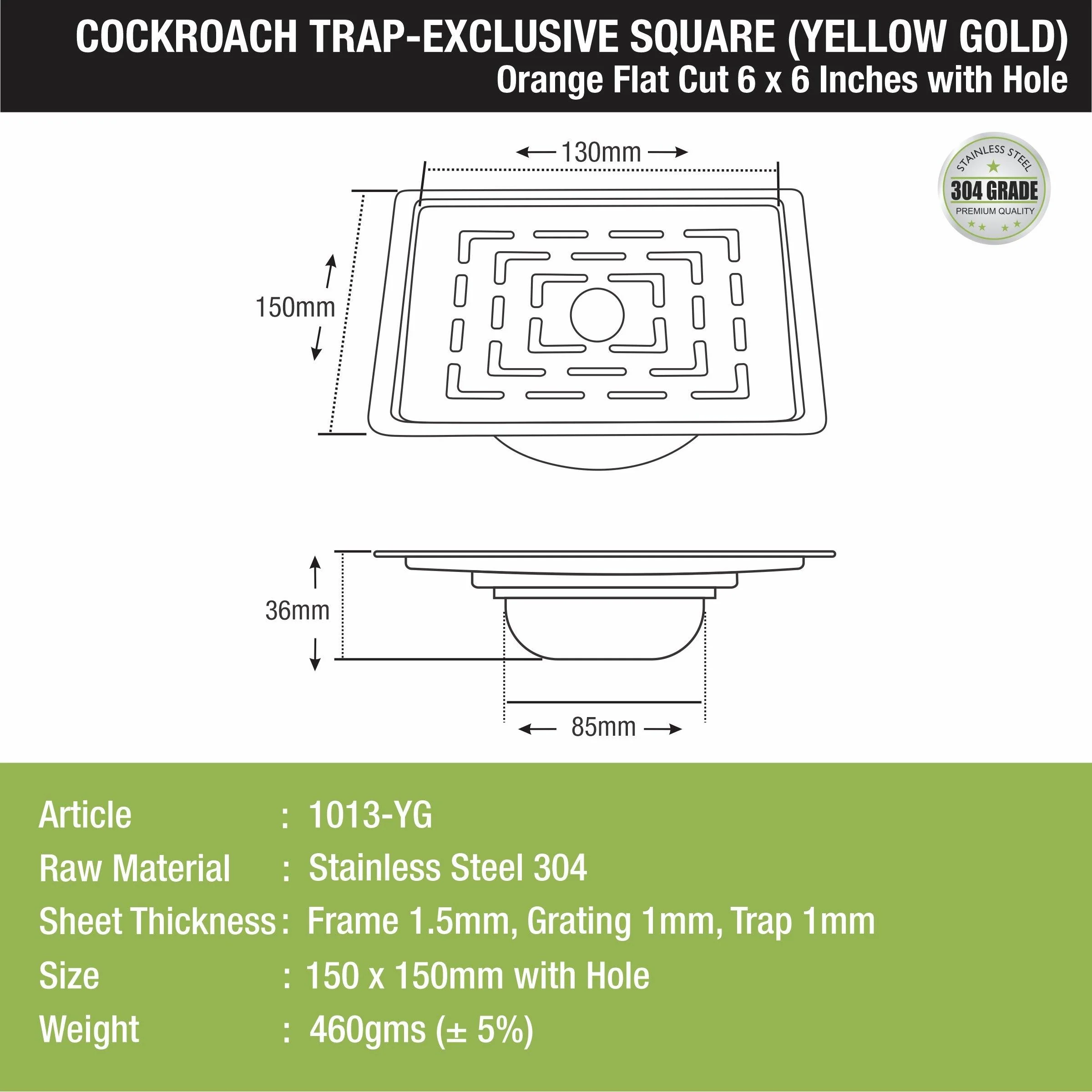 Orange Exclusive Square Flat Cut Floor Drain in Yellow Gold PVD Coating (6 x 6 Inches) with Hole & Cockroach Trap - LIPKA - Image 2