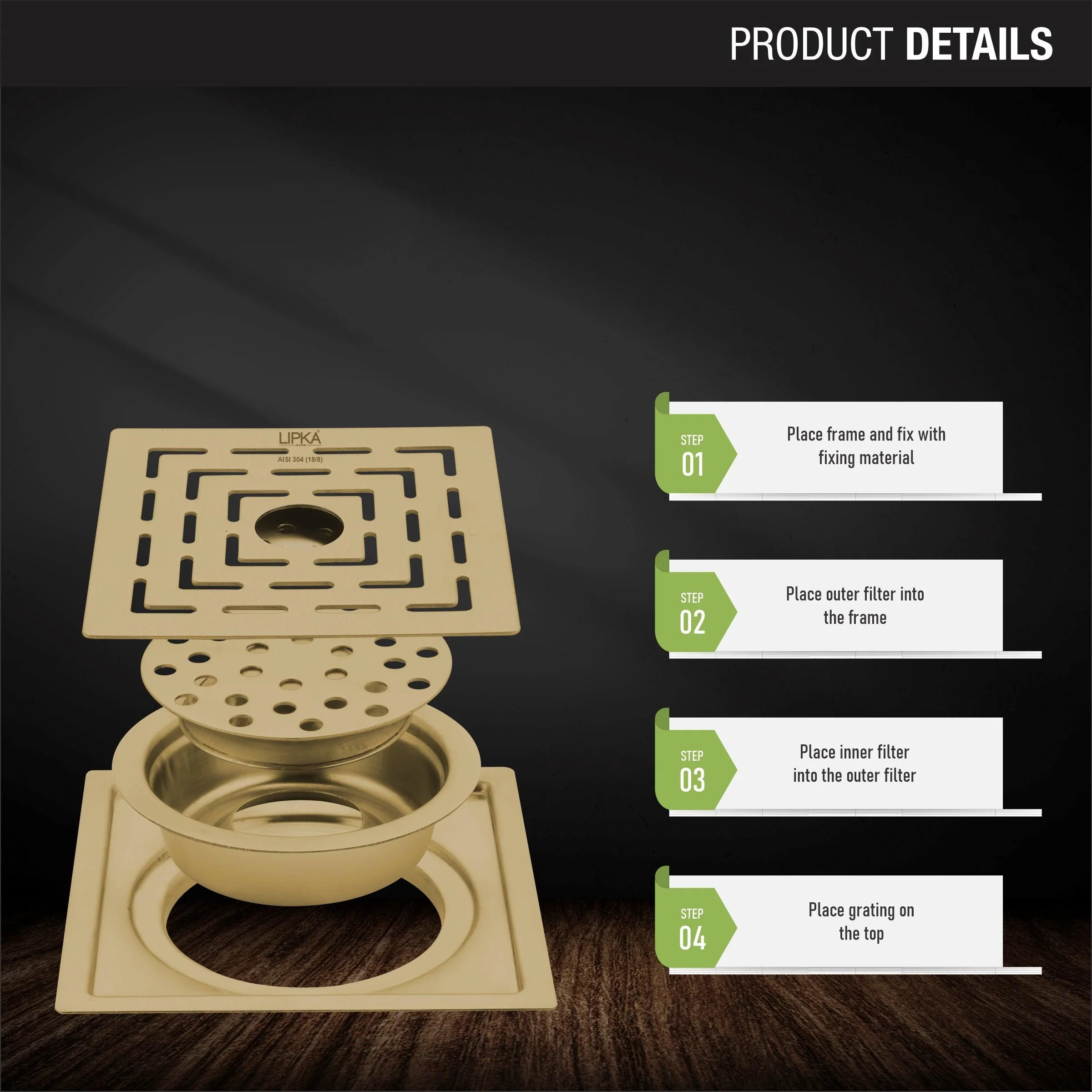 Orange Exclusive Square Flat Cut Floor Drain in Yellow Gold PVD Coating (6 x 6 Inches) with Hole & Cockroach Trap - LIPKA - Image 3