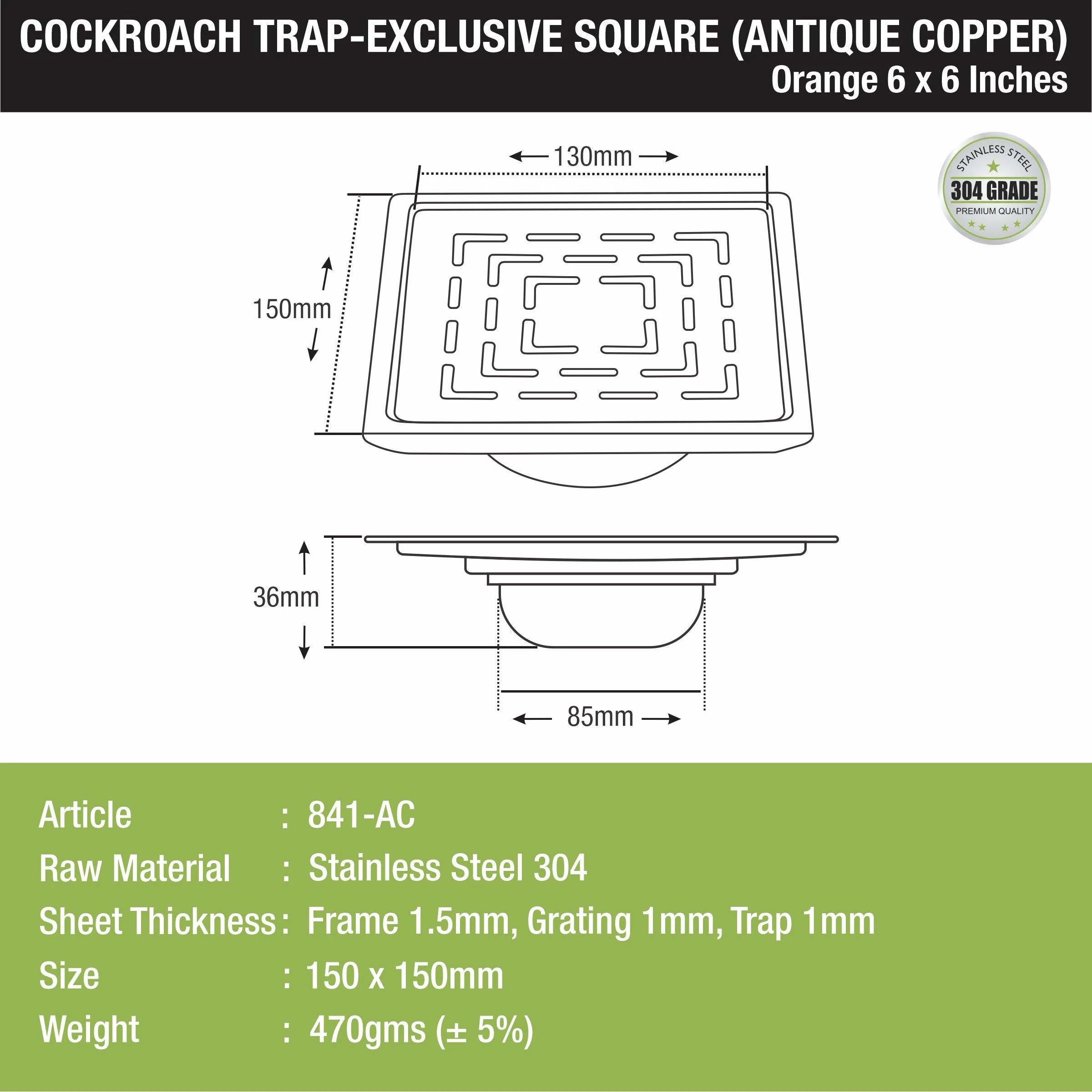 Orange Exclusive Square Floor Drain in Antique Copper PVD Coating (6 x 6 Inches) with Cockroach Trap - LIPKA - Image 2