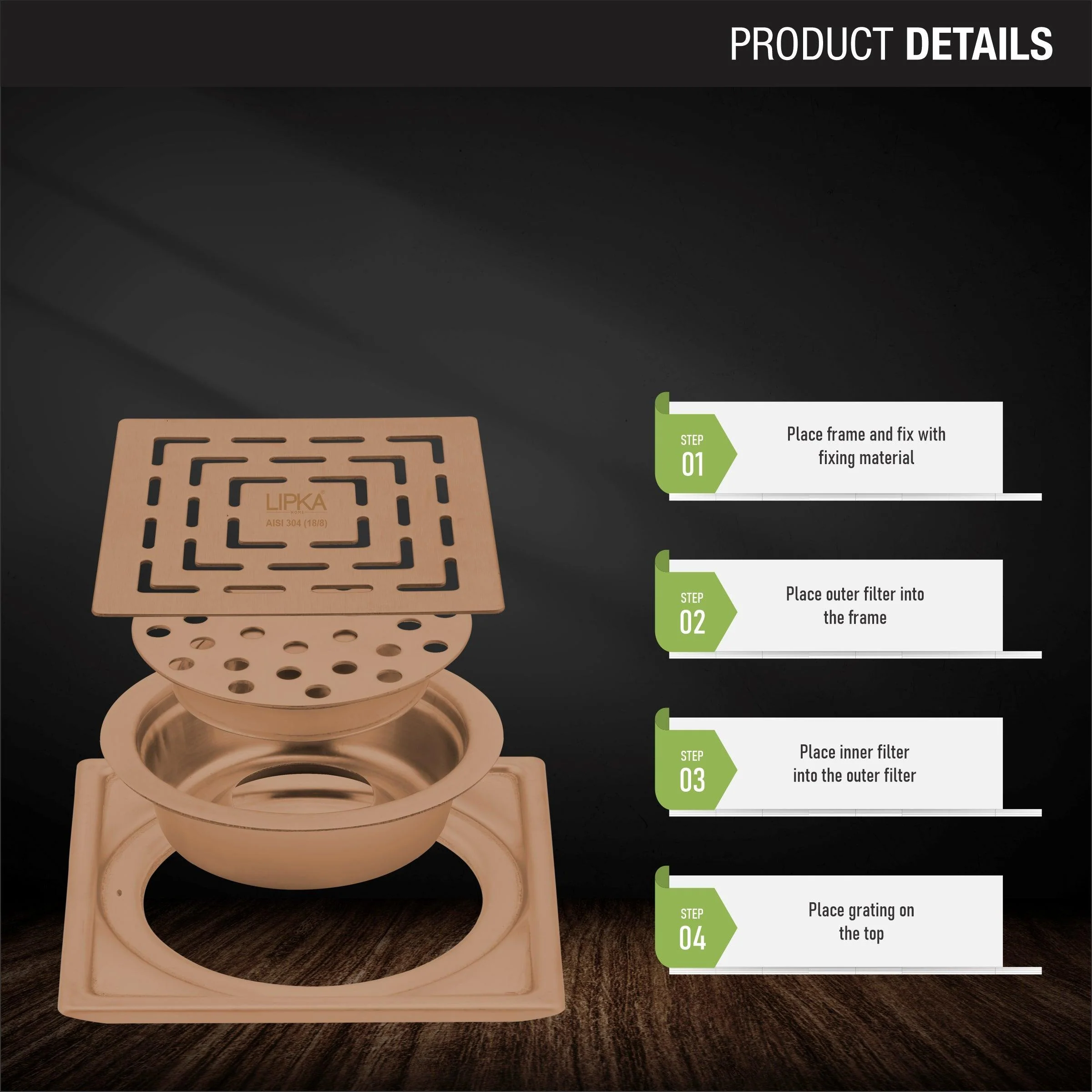 Orange Exclusive Square Floor Drain in Antique Copper PVD Coating (6 x 6 Inches) with Cockroach Trap - LIPKA - Image 3