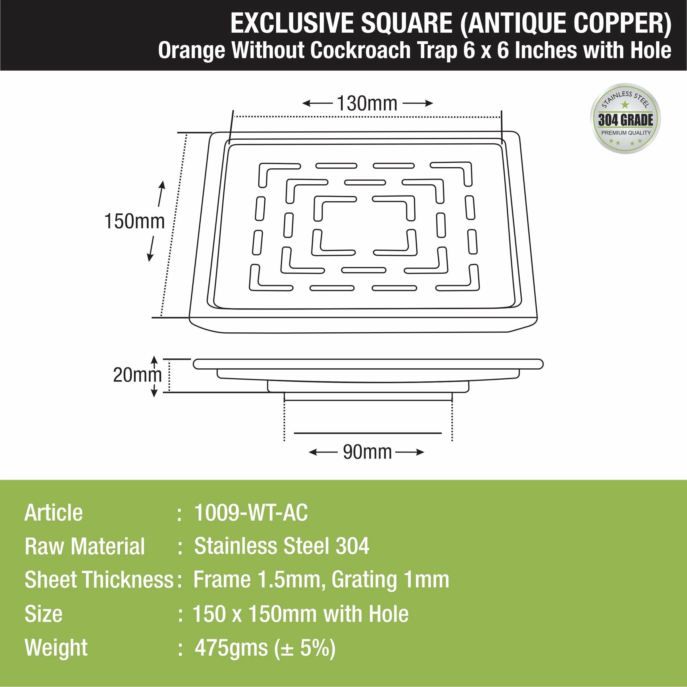 Orange Exclusive Square Floor Drain in Antique Copper PVD Coating (6 x 6 Inches) with Hole - LIPKA - Image 2