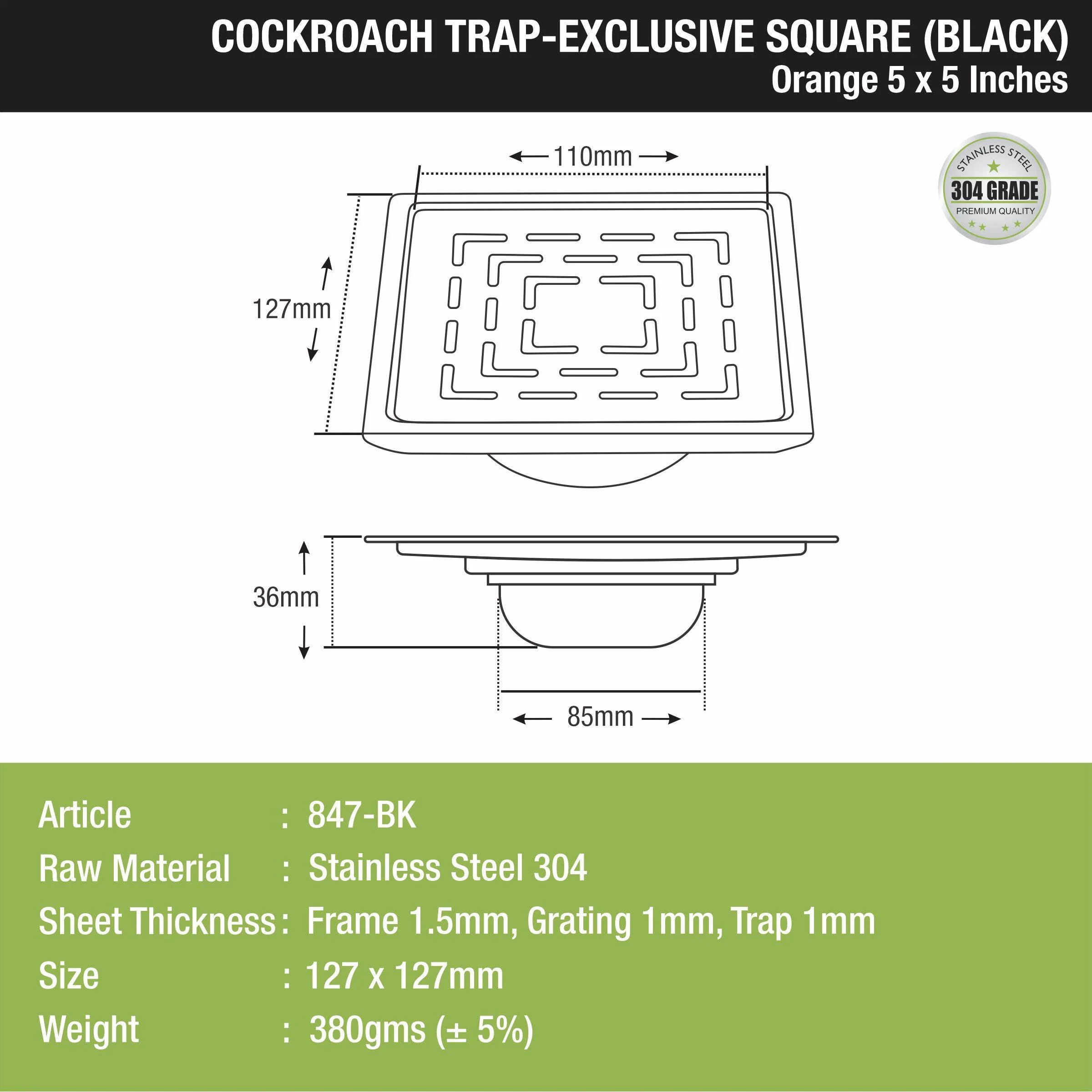 Orange Exclusive Square Floor Drain in Black PVD Coating (5 x 5 Inches) with Cockroach Trap - LIPKA - Image 3